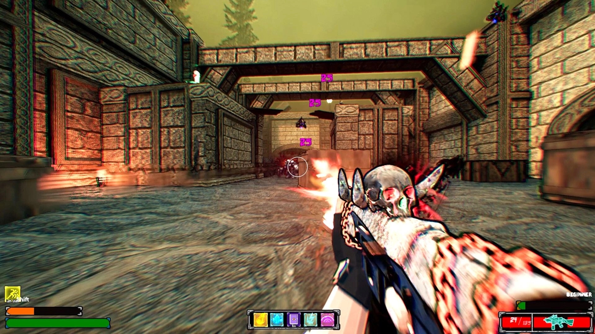 KILLBOUND: Firing a skull-tipped rifle at flying enemies in a stone courtyard with damage numbers and HUD.