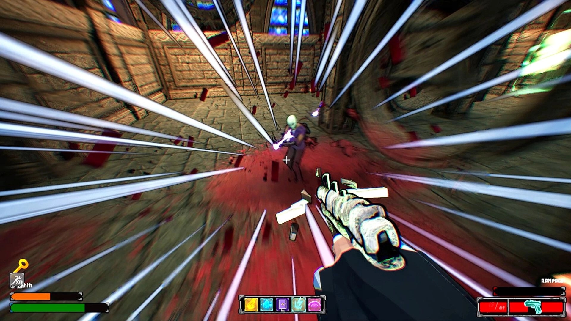 KILLBOUND: First-person shotgun blasts a masked enemy in a stone corridor with speed lines and HUD.