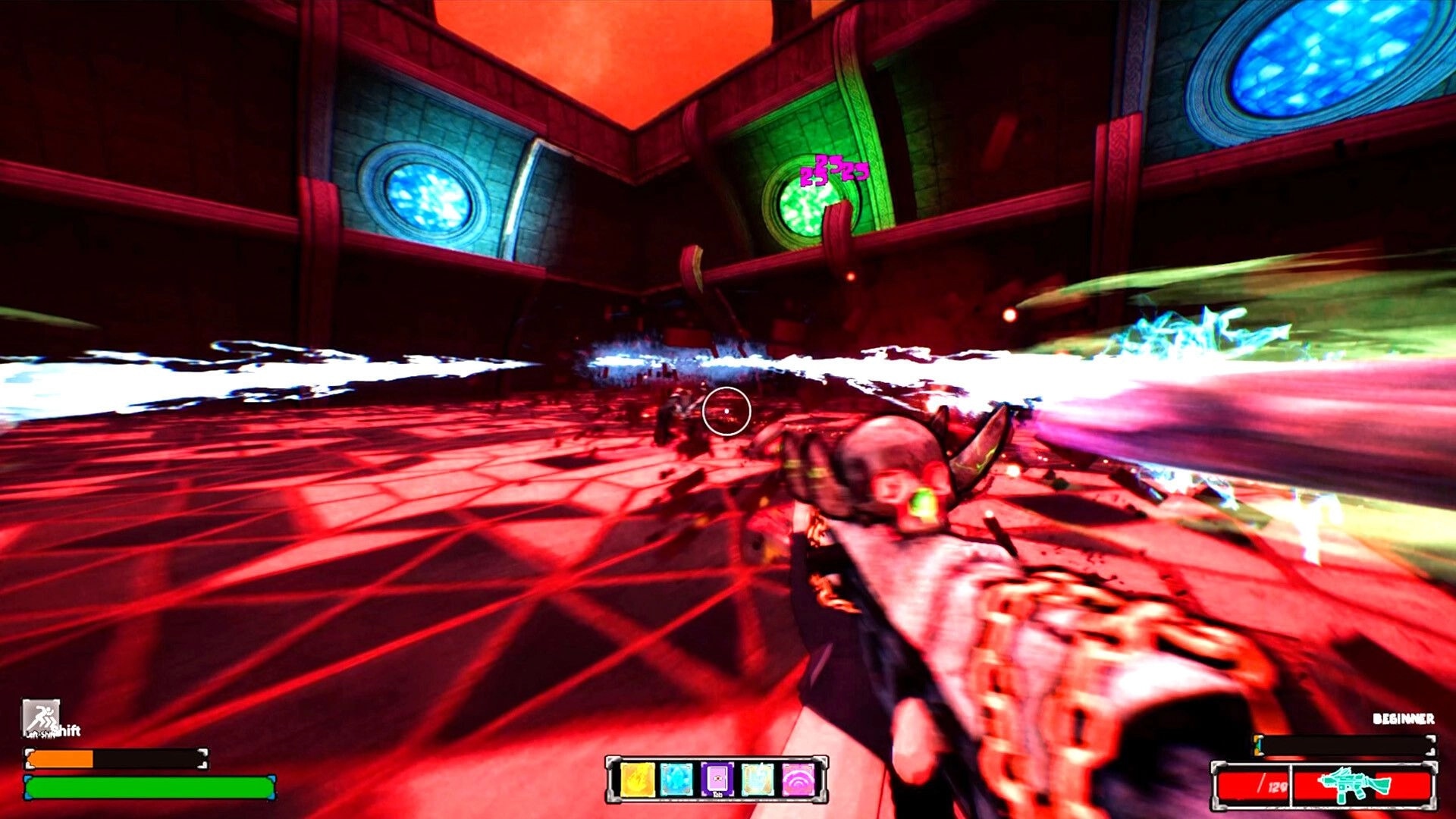 KILLBOUND: First-person gunfire with energy trails in a red arena, crosshair and ability bar UI visible.