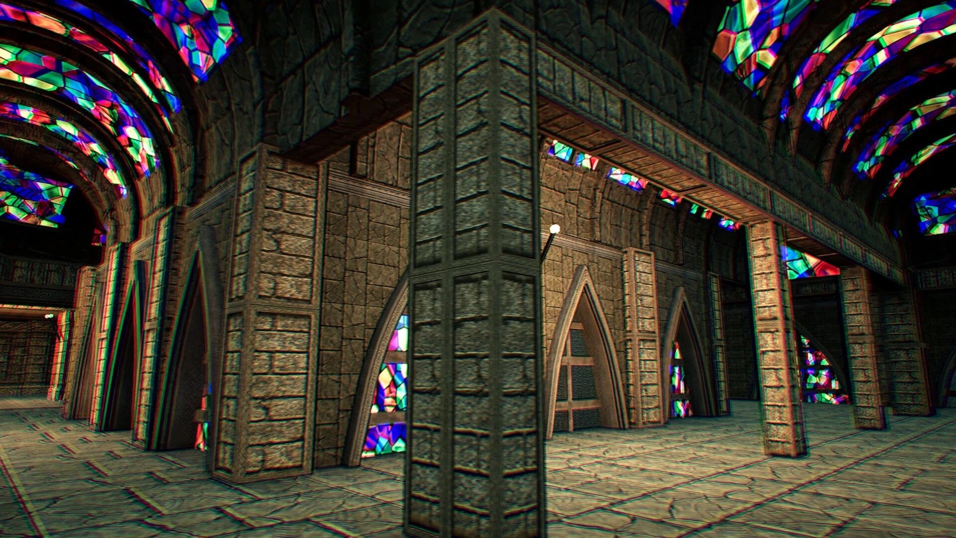 KILLBOUND: Exploring a stone cathedral hallway with arched doors and colorful stained-glass windows.