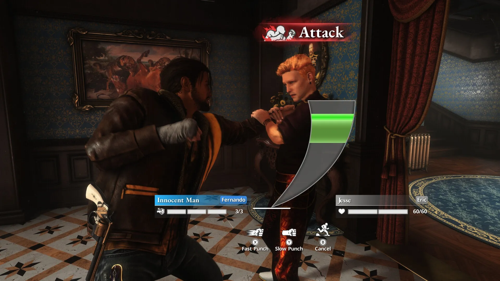 KILLER INN: Fernando and Jesse in combat stance in ornate hallway with attack options displayed.