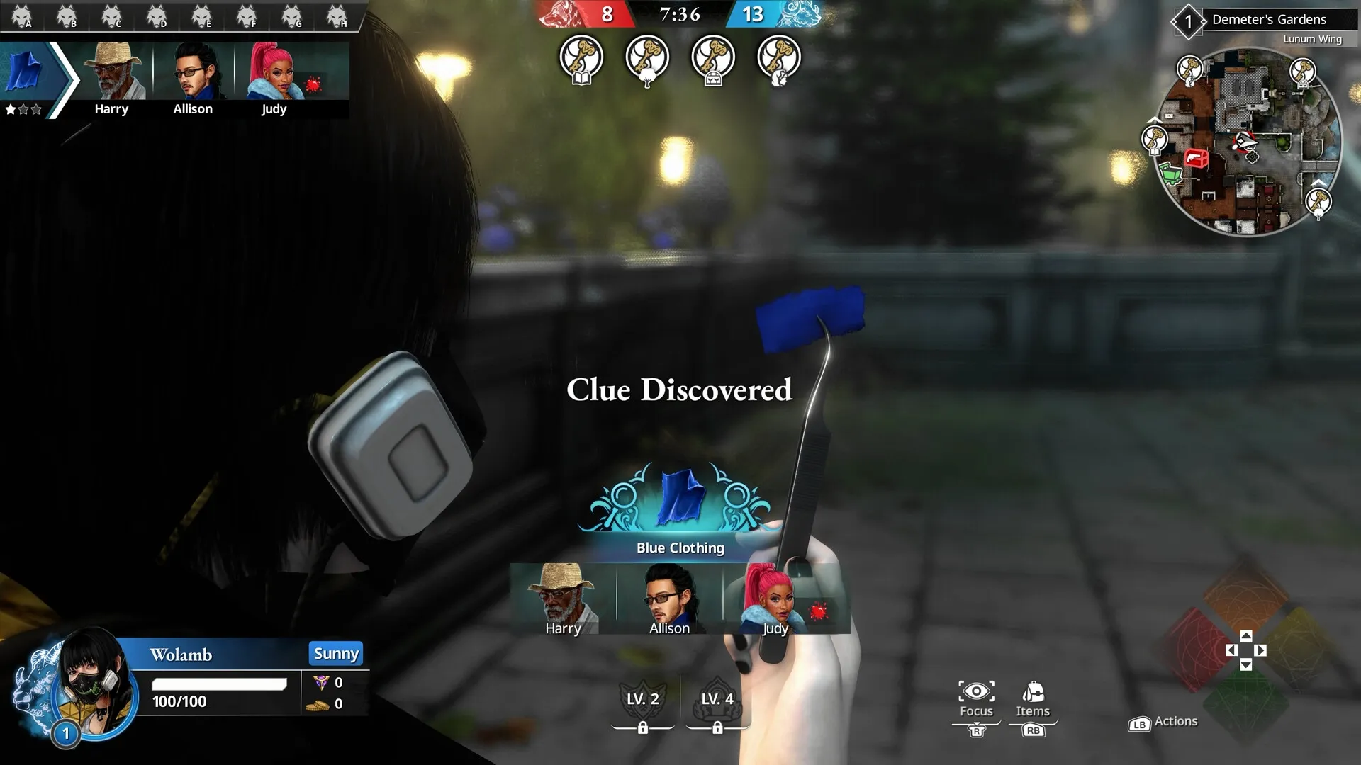 KILLER INN: Player Wolamb finds a blue clothing clue in Demeter's Gardens, enhancing deduction gameplay.