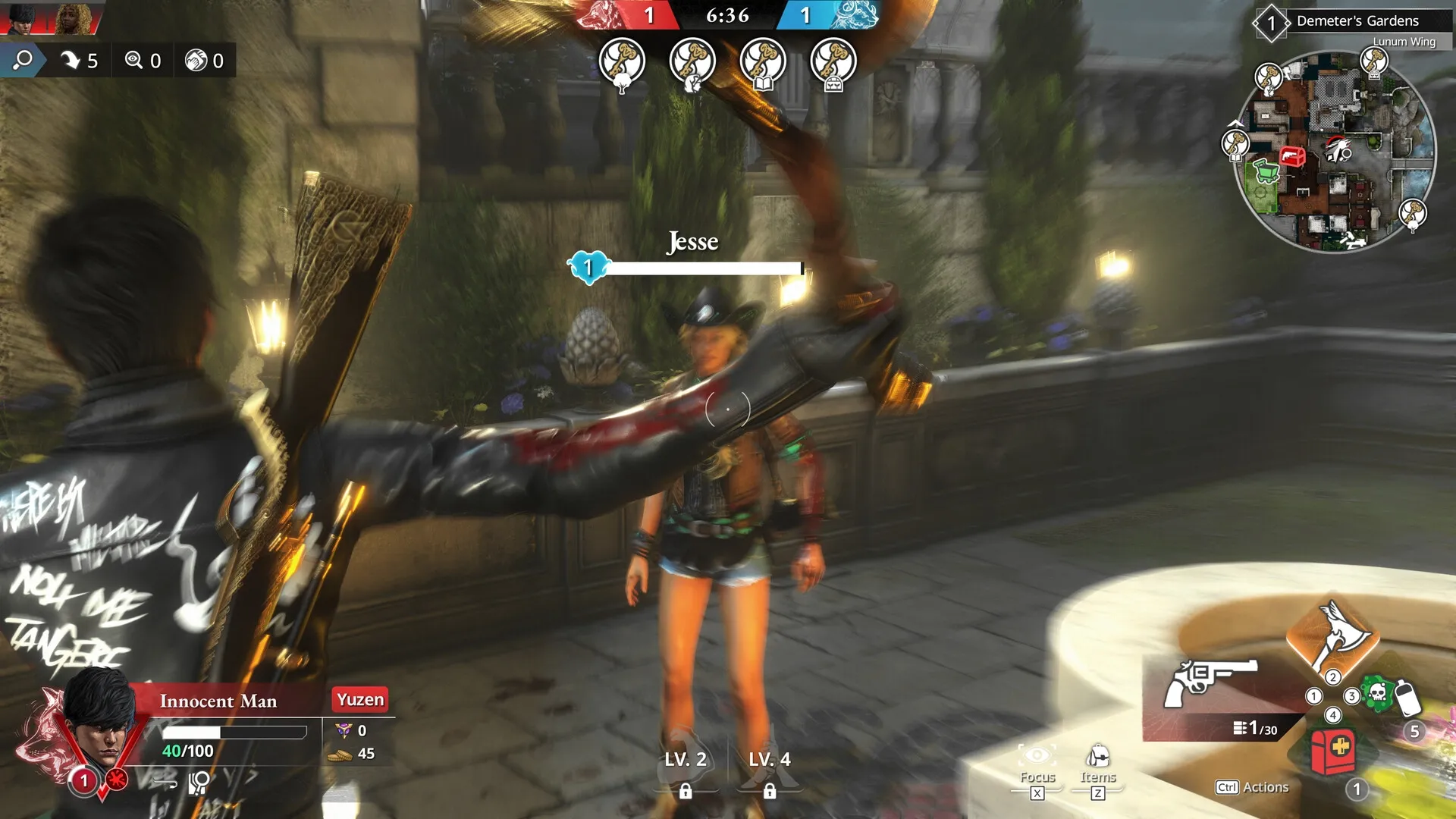 KILLER INN: Character "Innocent Man" aims crossbow at "Jesse" in garden with map and health UI visible.