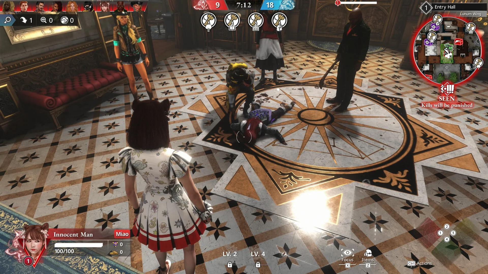 KILLER INN: Player investigates a body on ornate floor, surrounded by other characters in grand hall.