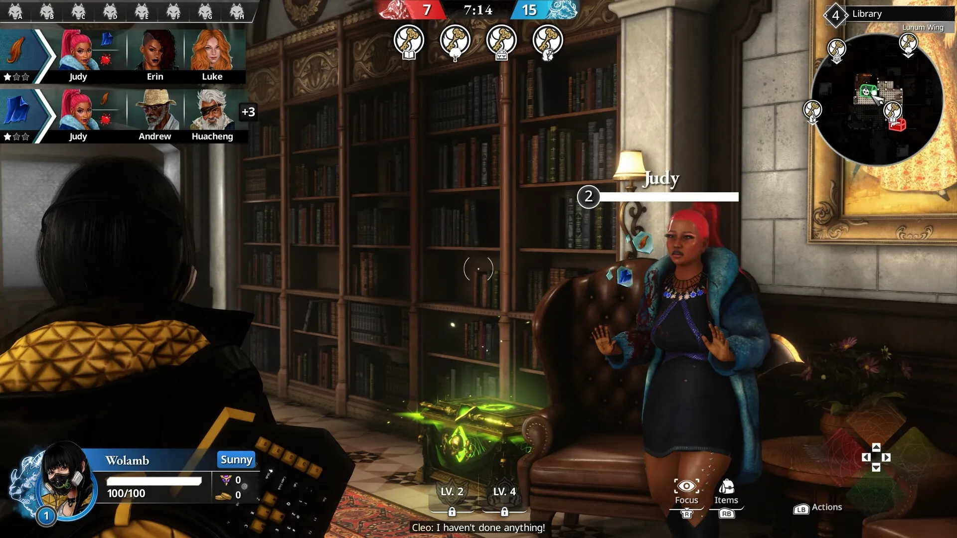 KILLER INN: Player confronts Judy in library, surrounded by bookshelves and game HUD elements visible.