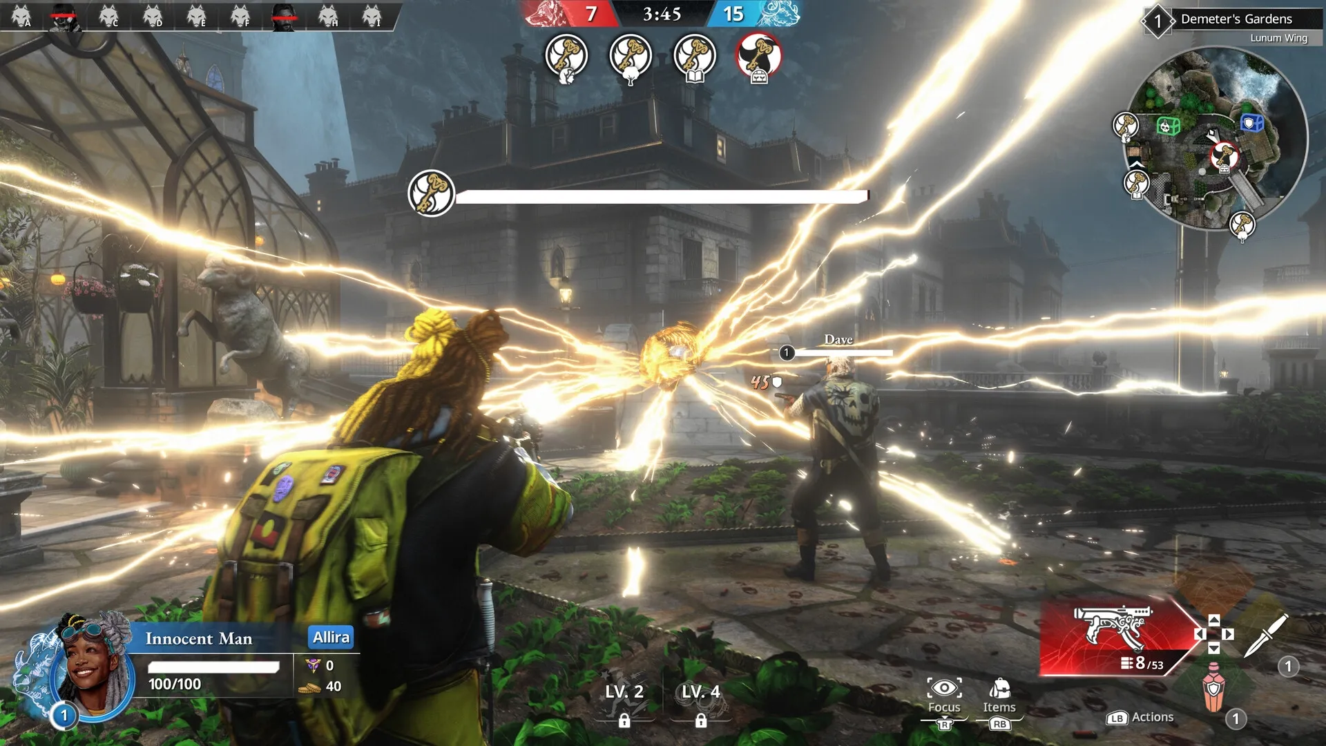 KILLER INN: Allira and Dave engage in combat in Demeter's Gardens with energy bursts and UI display.