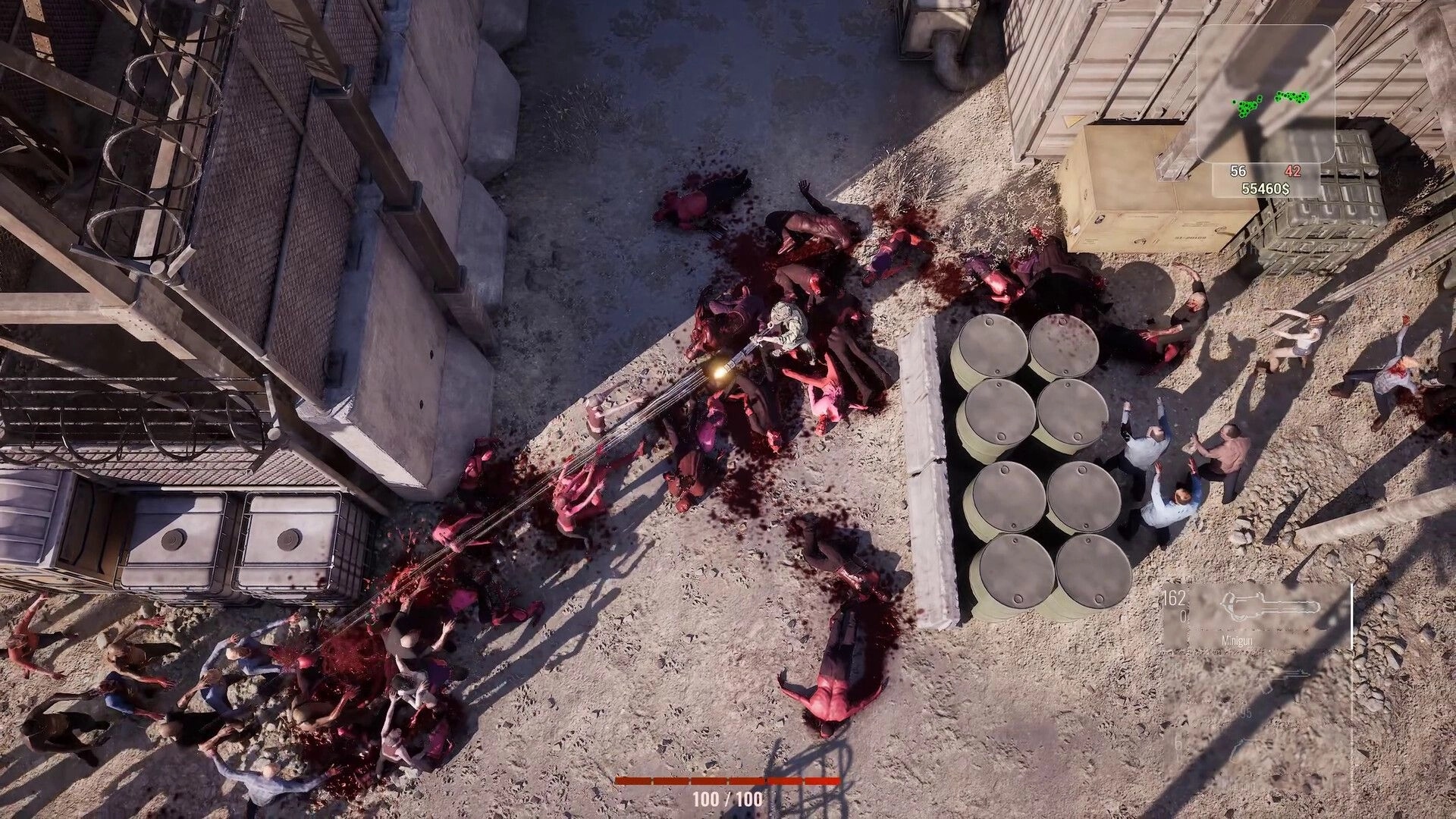 Killing Dead: Player using minigun against a horde of zombies in an industrial yard with map overlay.