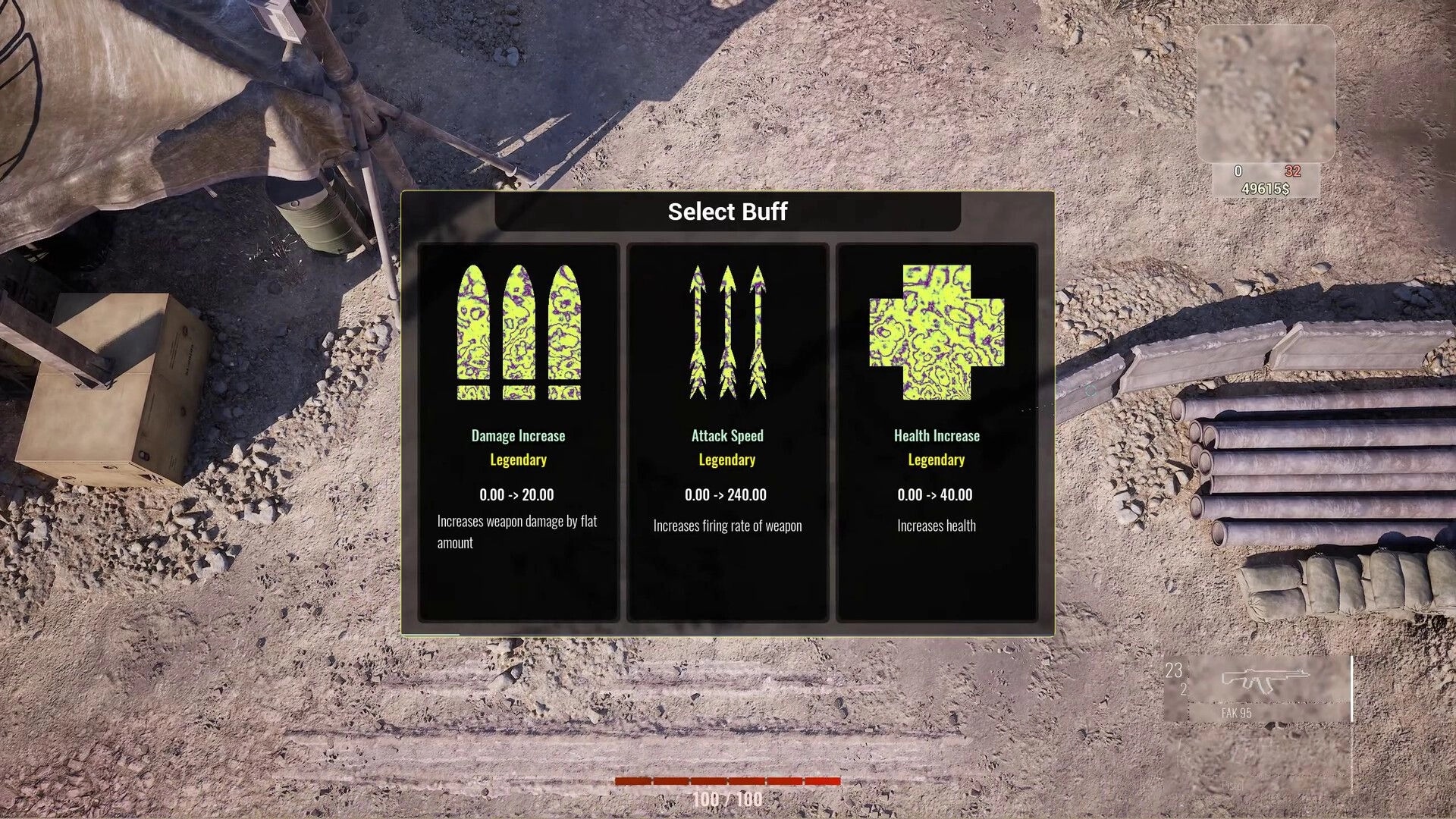 Killing Dead: Buff selection interface with damage, attack speed, and health options on desert ground