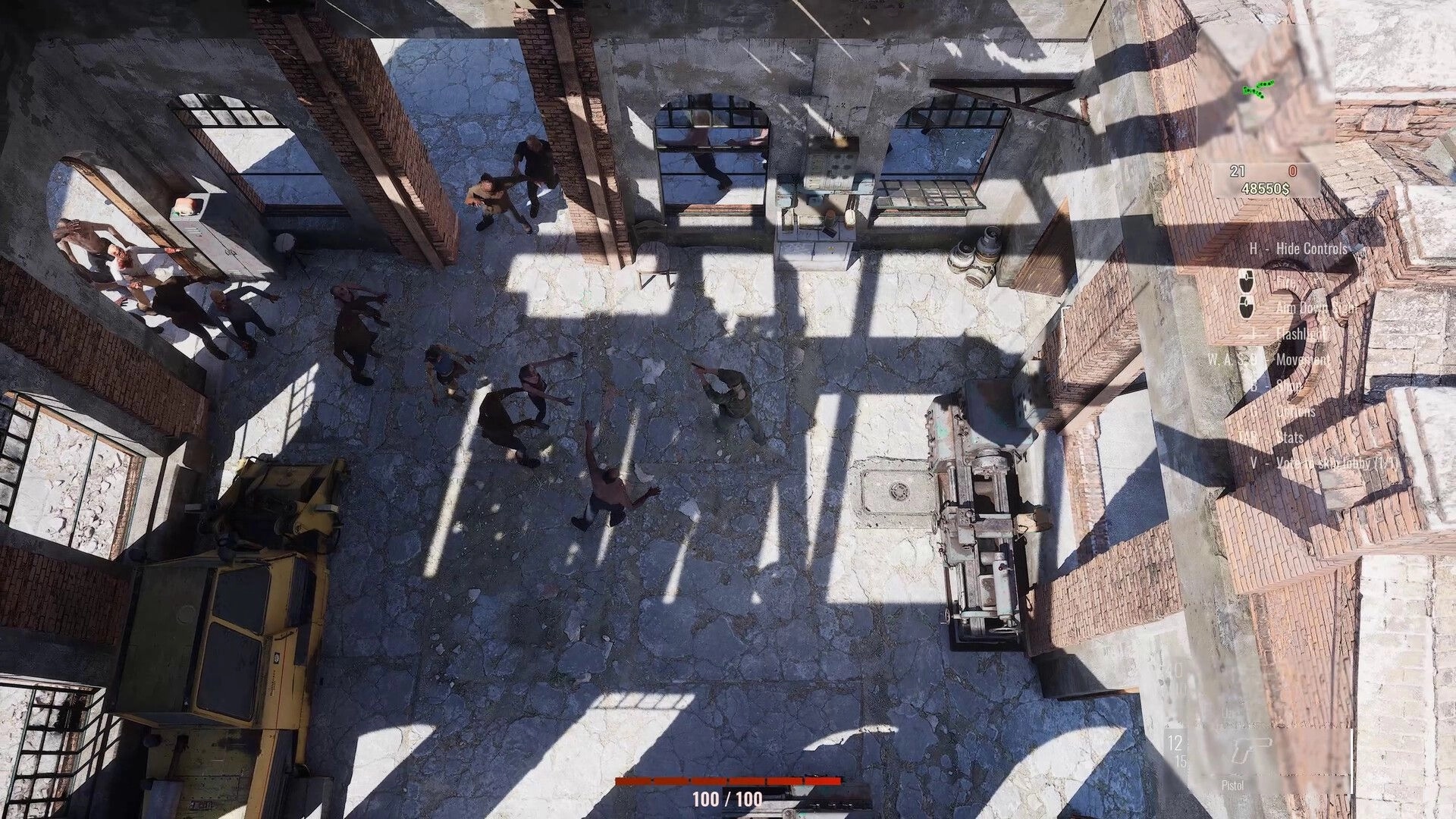 Killing Dead: Surrounded by zombies in an abandoned warehouse with visible controls and health bar.