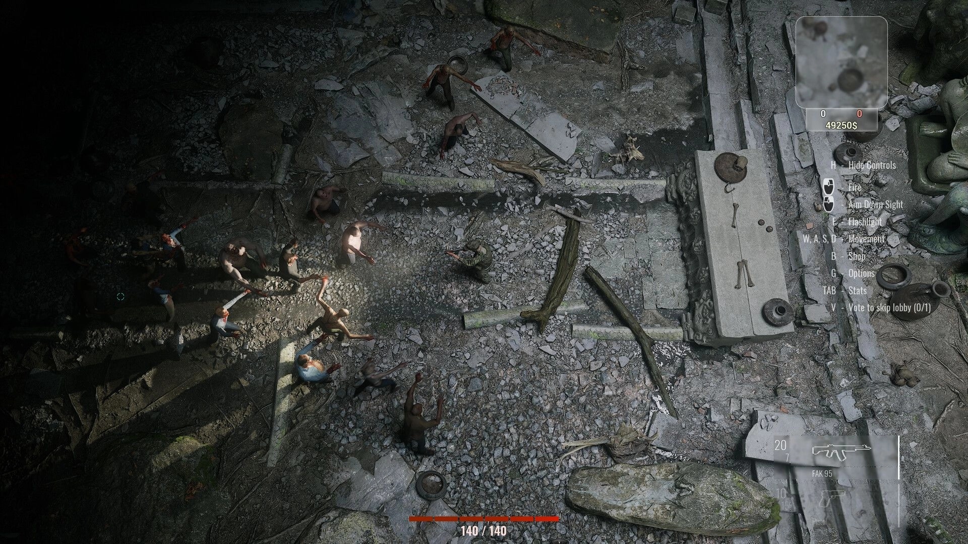 Killing Dead: Player confronts zombies in ruined urban street with controls and weapon HUD visible.
