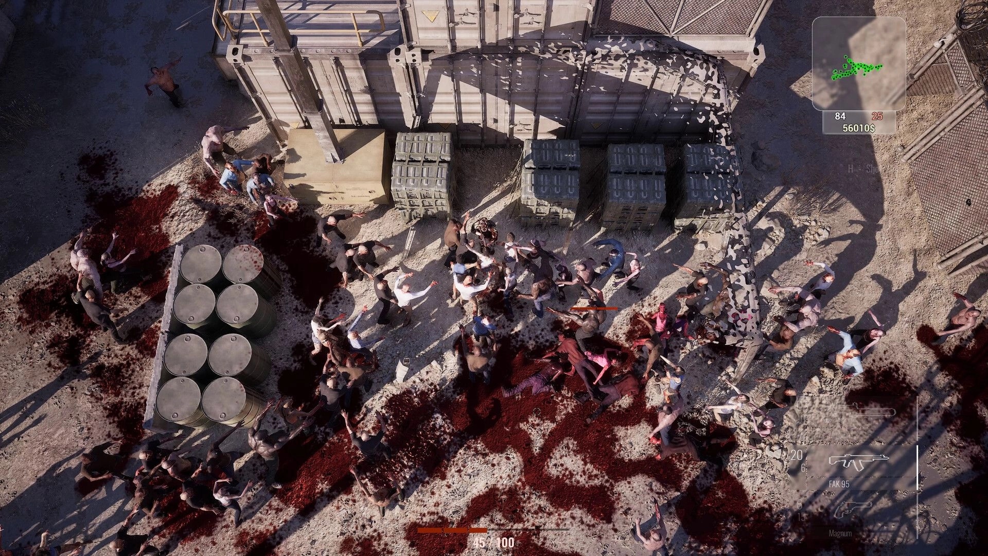 Killing Dead: Overhead view of intense zombie combat near barricades, with visible health and ammo UI.