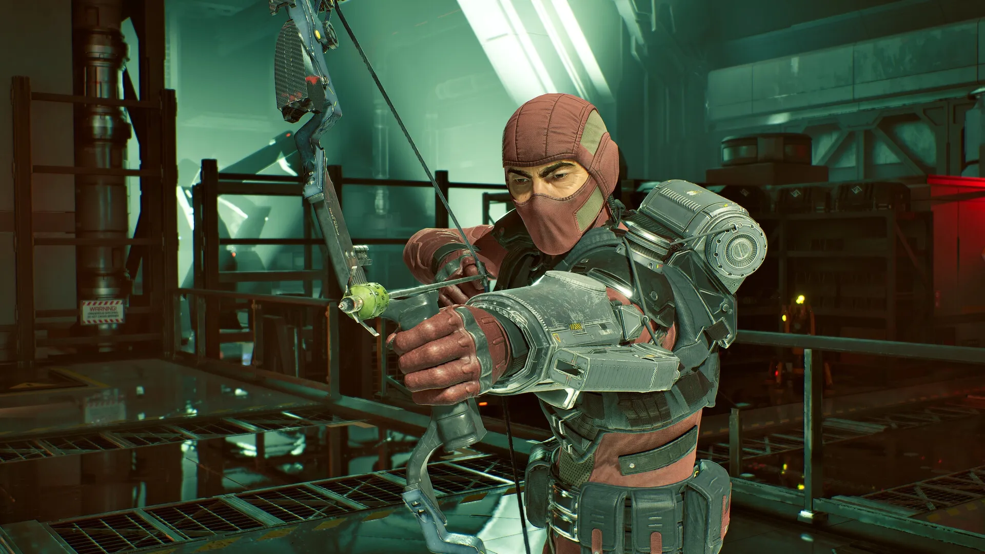 Killing Floor 3: Armored character aiming high-tech crossbow in futuristic industrial facility.