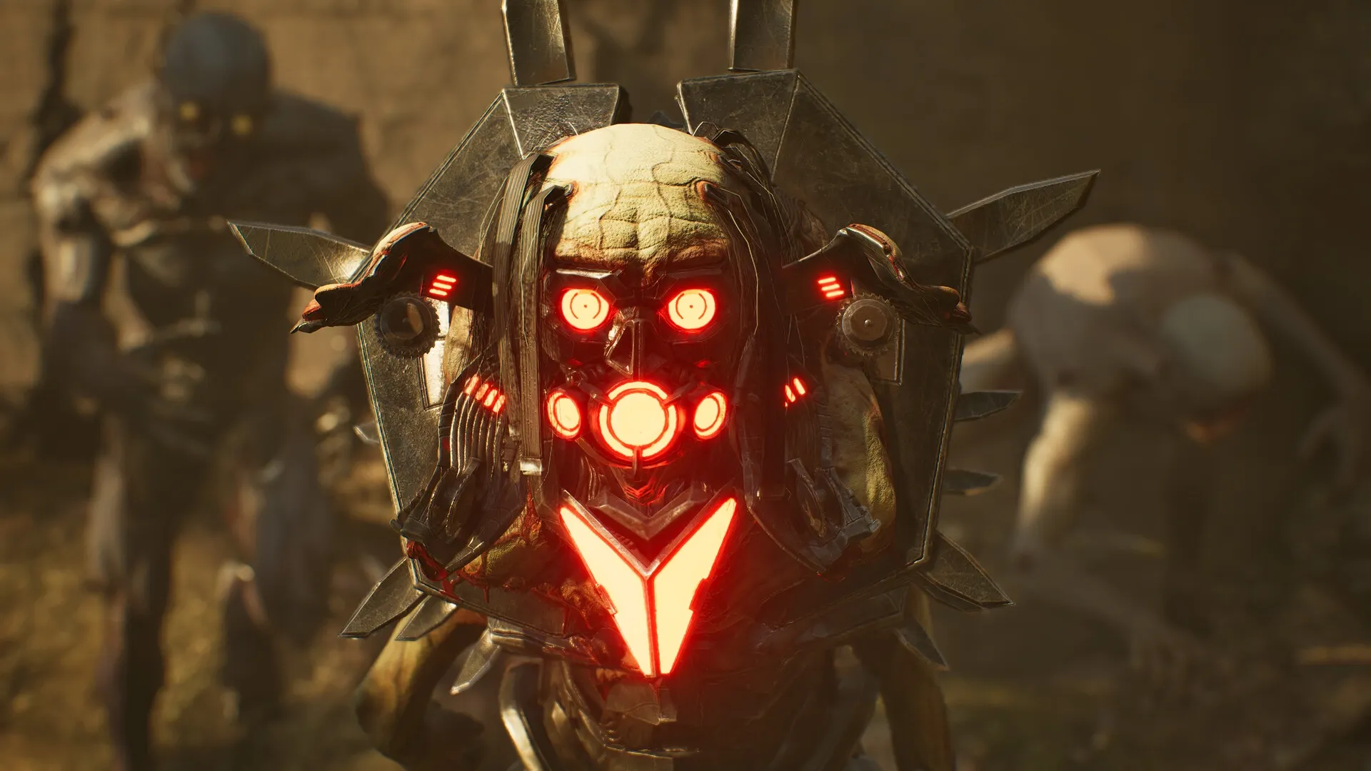 Killing Floor 3: Zed with glowing red eyes and armor front and center in a dimly lit environment