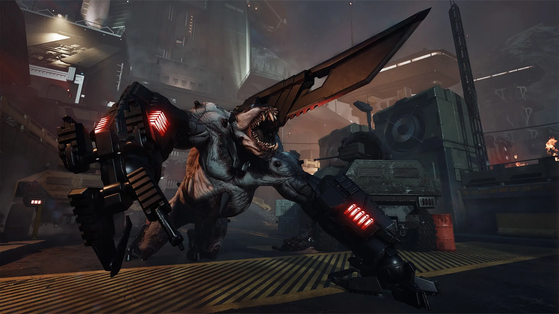 Killing Floor 3: Massive bioengineered monster with large blades prowling an industrial factory setting