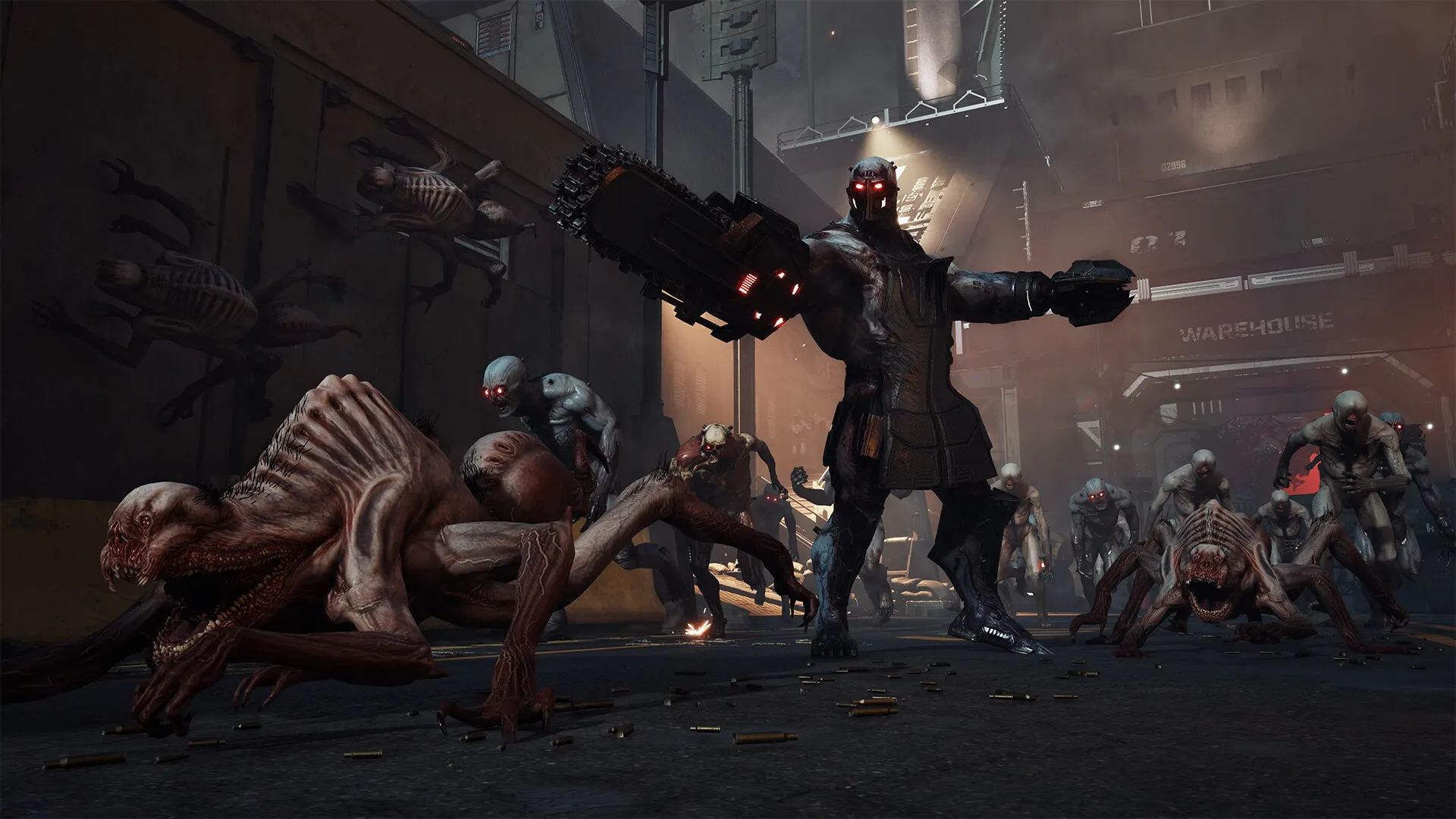 Killing Floor 3: Chainsaw-wielding enemy leads a horde of zeds in a dimly lit industrial alleyway