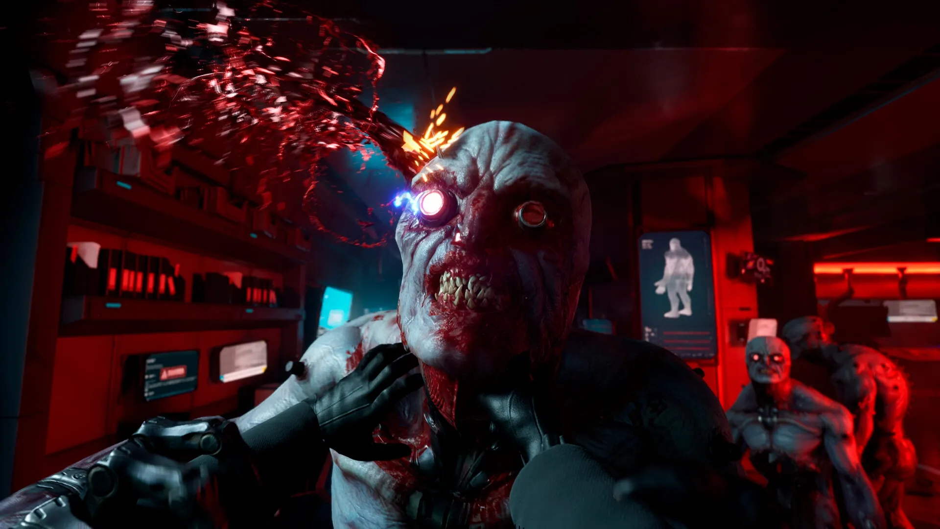 Killing Floor 3: Player attacking a zed in a dimly lit, red-hued lab with digital screens and equipment.