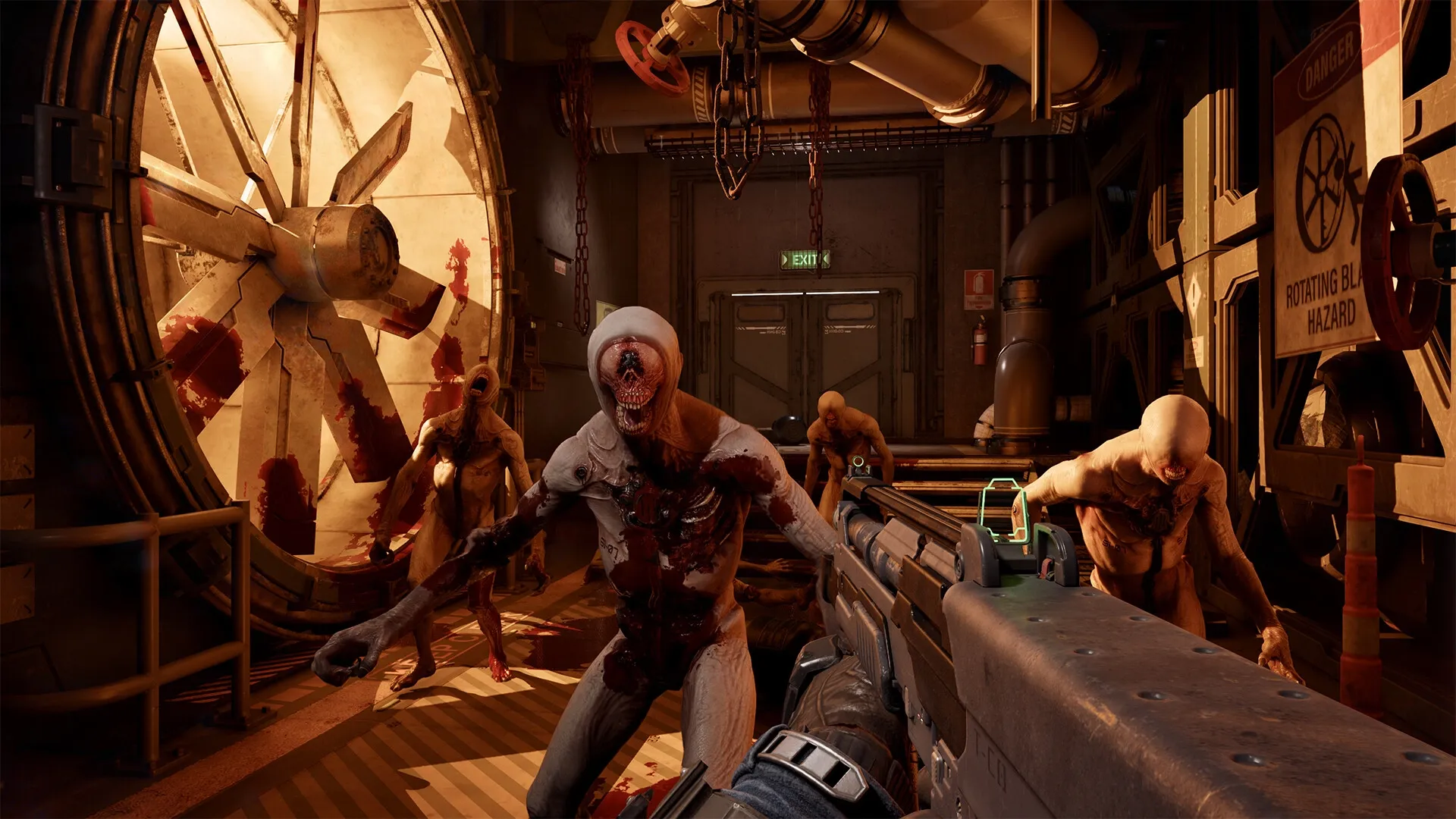 Killing Floor 3: First-person combat with zeds in industrial corridor with large rotating fan blades