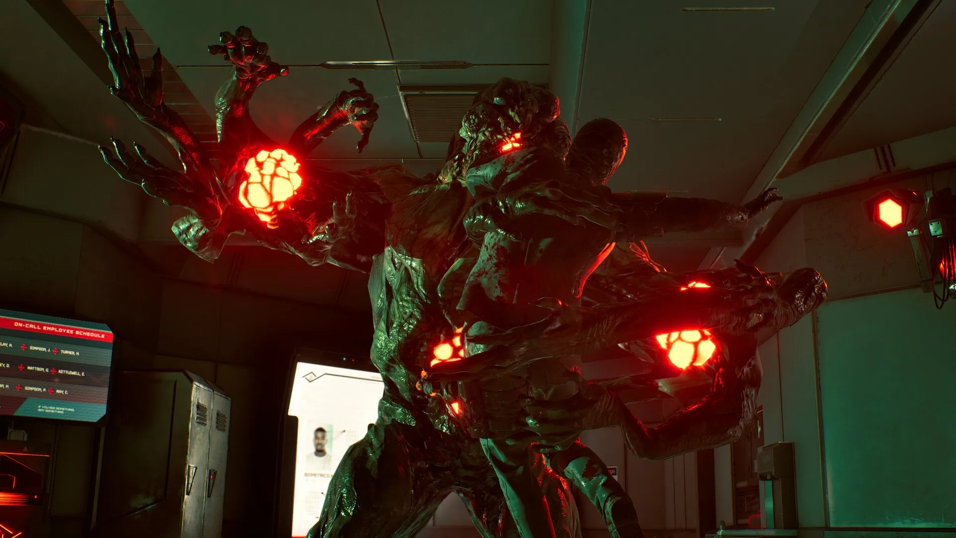 Killing Floor 3: Massive bioengineered monster with glowing red cores in a dimly lit laboratory room