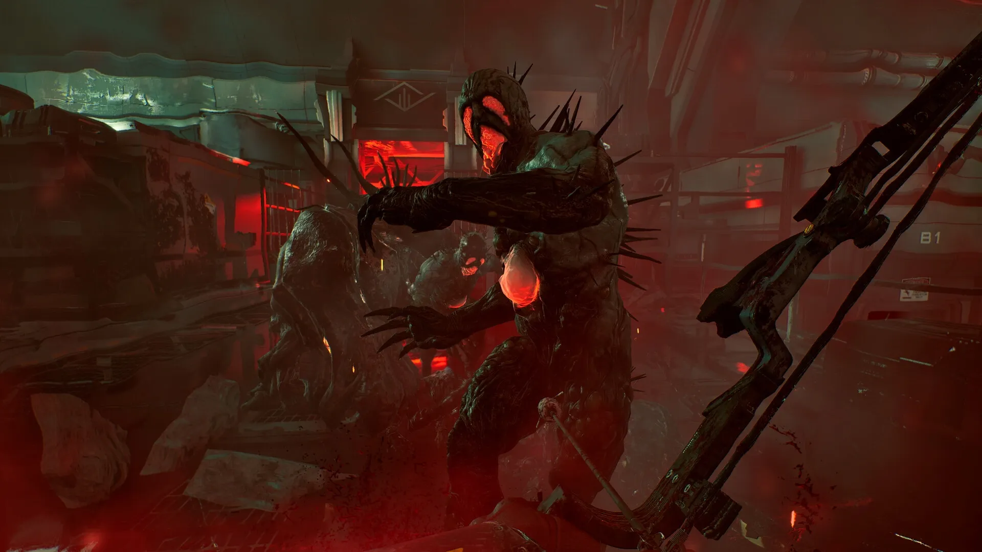 Killing Floor 3: Zed combat in industrial facility with red lighting and spiked creatures attacking