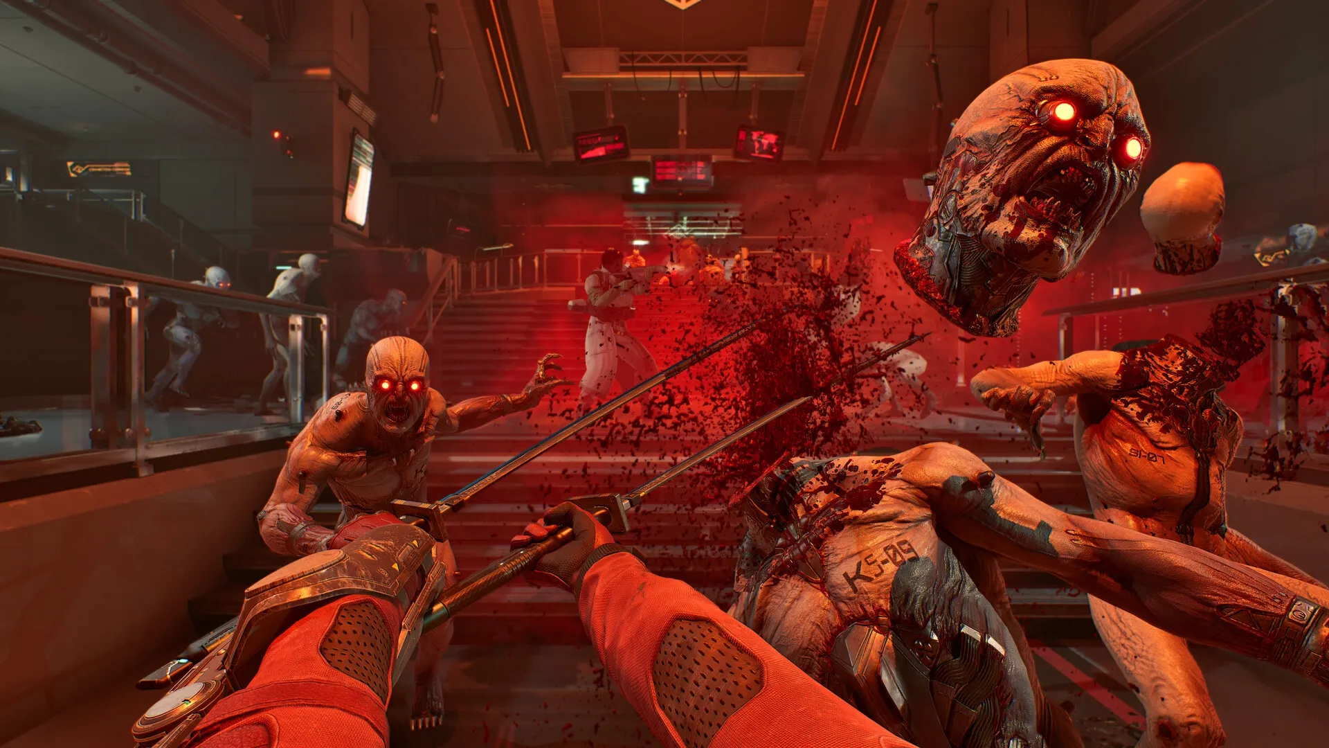 Killing Floor 3: Intense melee combat with zeds in a blood-splattered, futuristic corridor setting.