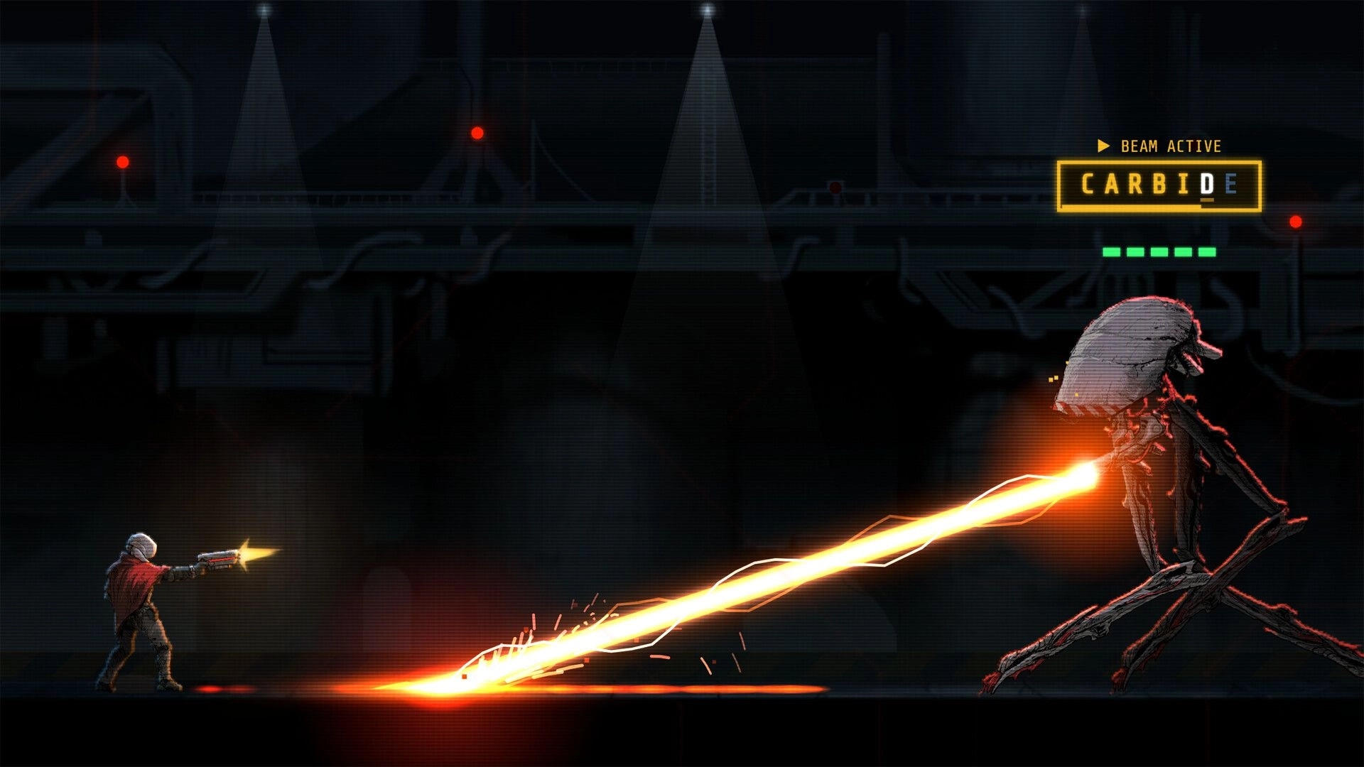 KILLPHRASE: Player fires pistol at Carbide boss as a beam attack flashes in a dark factory arena.