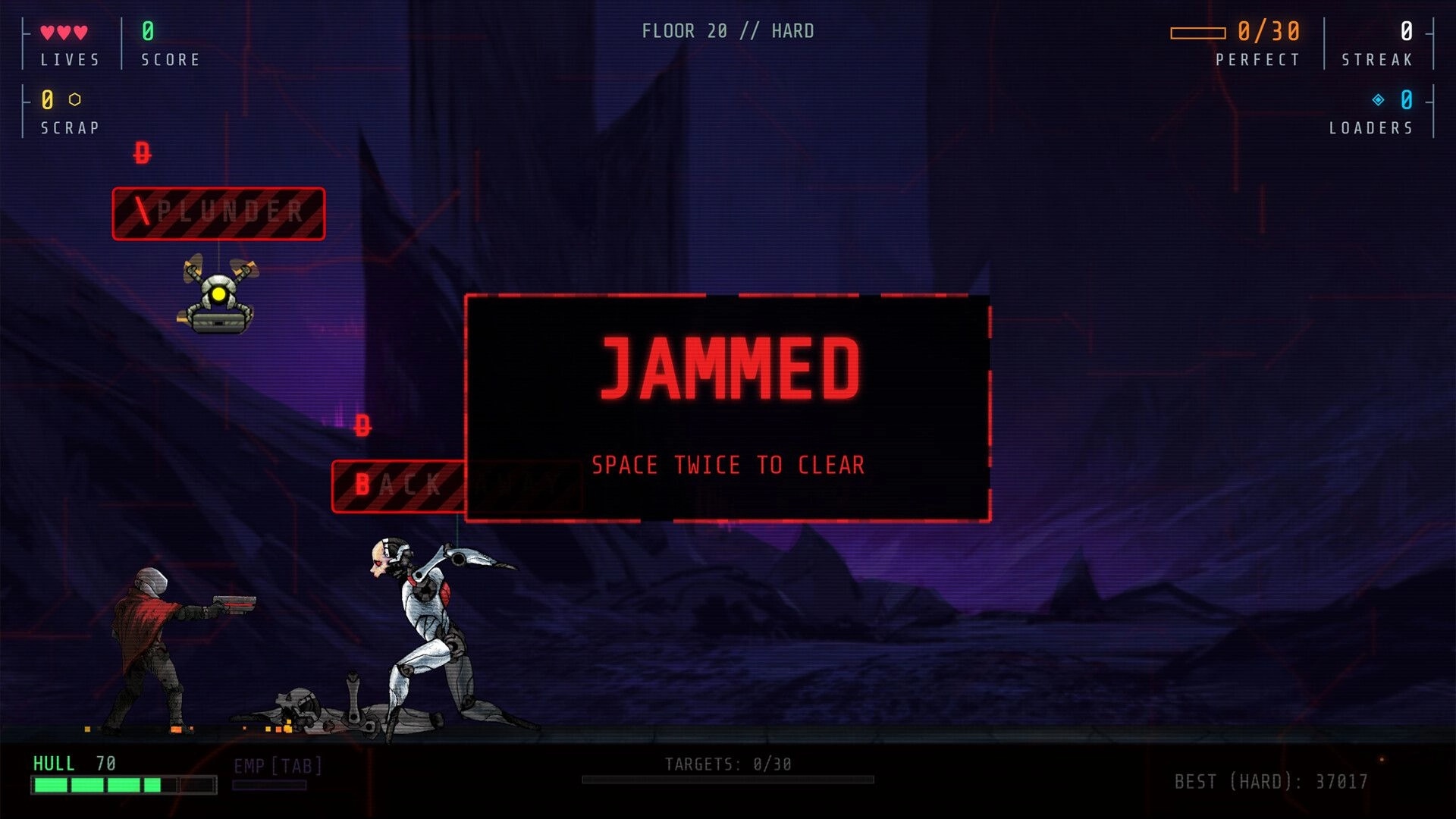 KILLPHRASE: JAMMED warning overlay during robot fight on Floor 20 Hard in a dark mechanical wasteland.