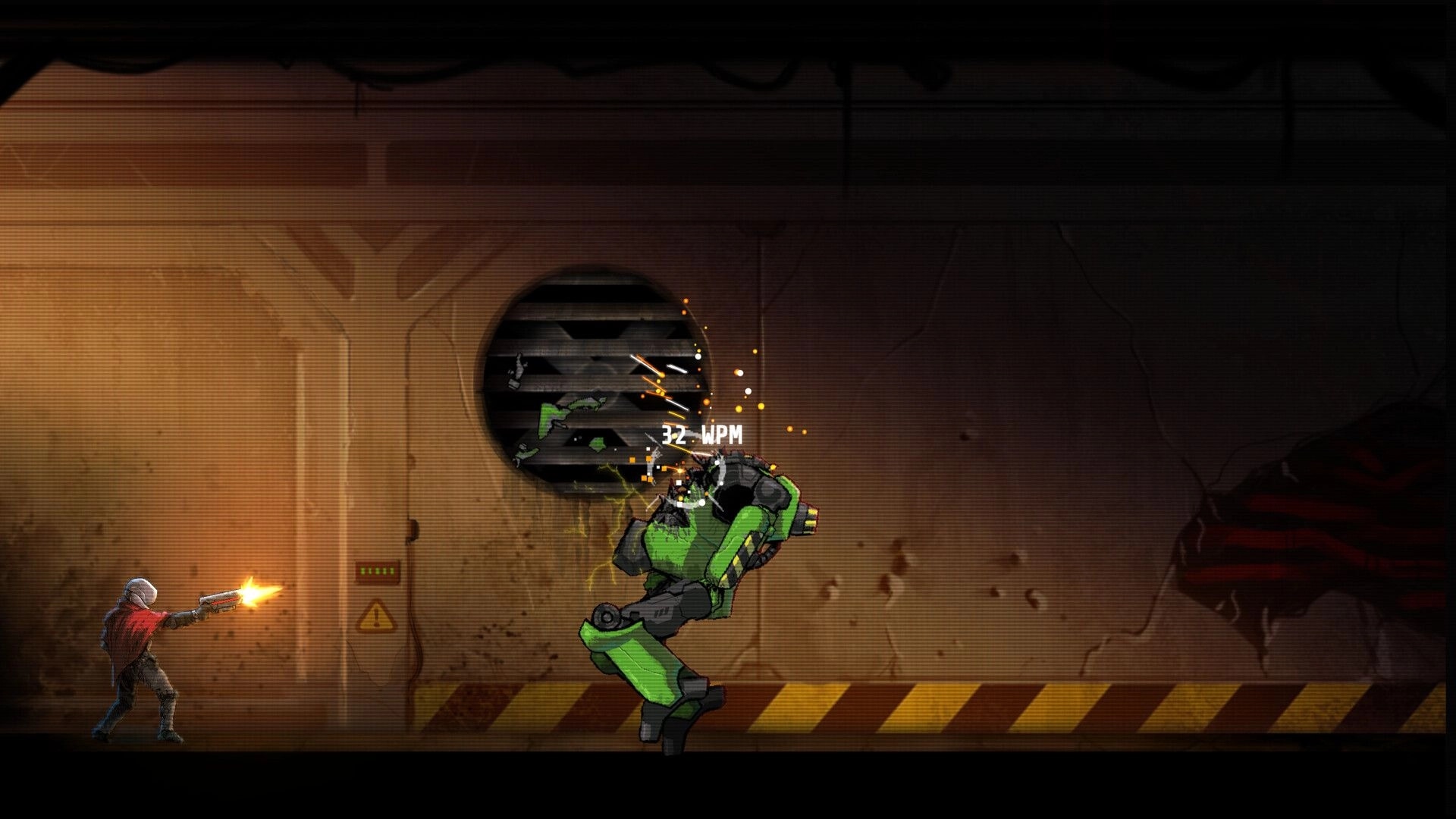 KILLPHRASE: Player fires pistol at green robot as “32 WPM” pops up in a grimy metal corridor.
