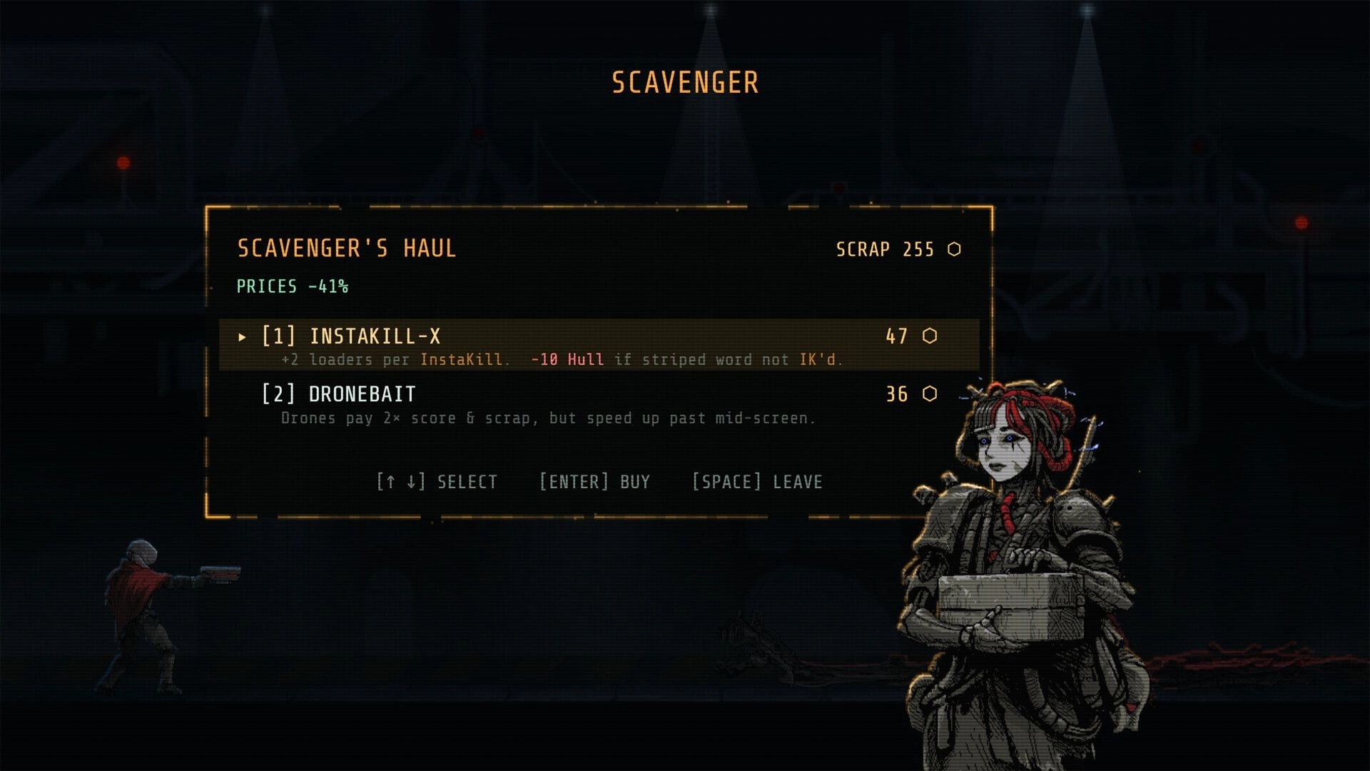 KILLPHRASE: Scavenger shop menu listing upgrades and scrap count in a dark industrial corridor.