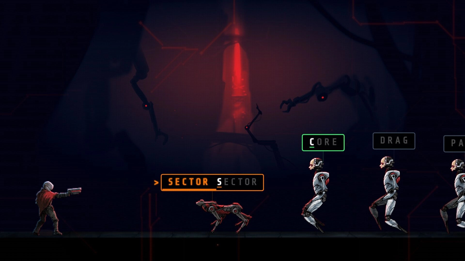 KILLPHRASE: Typing combat with CORE and DRAG prompts over robots in a dark mechanical corridor.