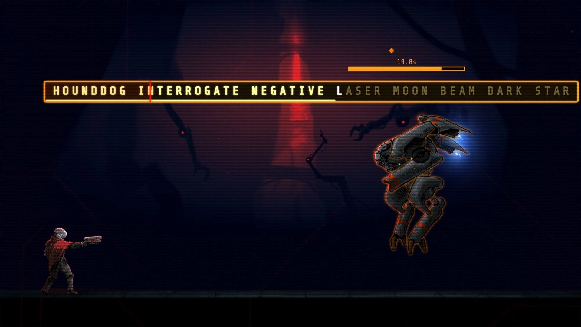 KILLPHRASE: Typing combat word bar above a hovering mech as a gunman aims in dark factory cavern.