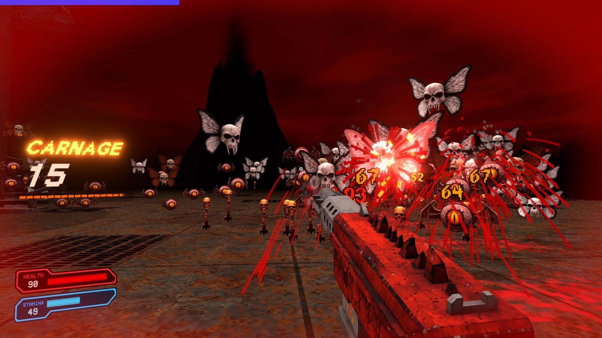 KILLSWARM: Shotgun blasts skull-winged swarm as CARNAGE 15 rises in a red arena with HUD stats.