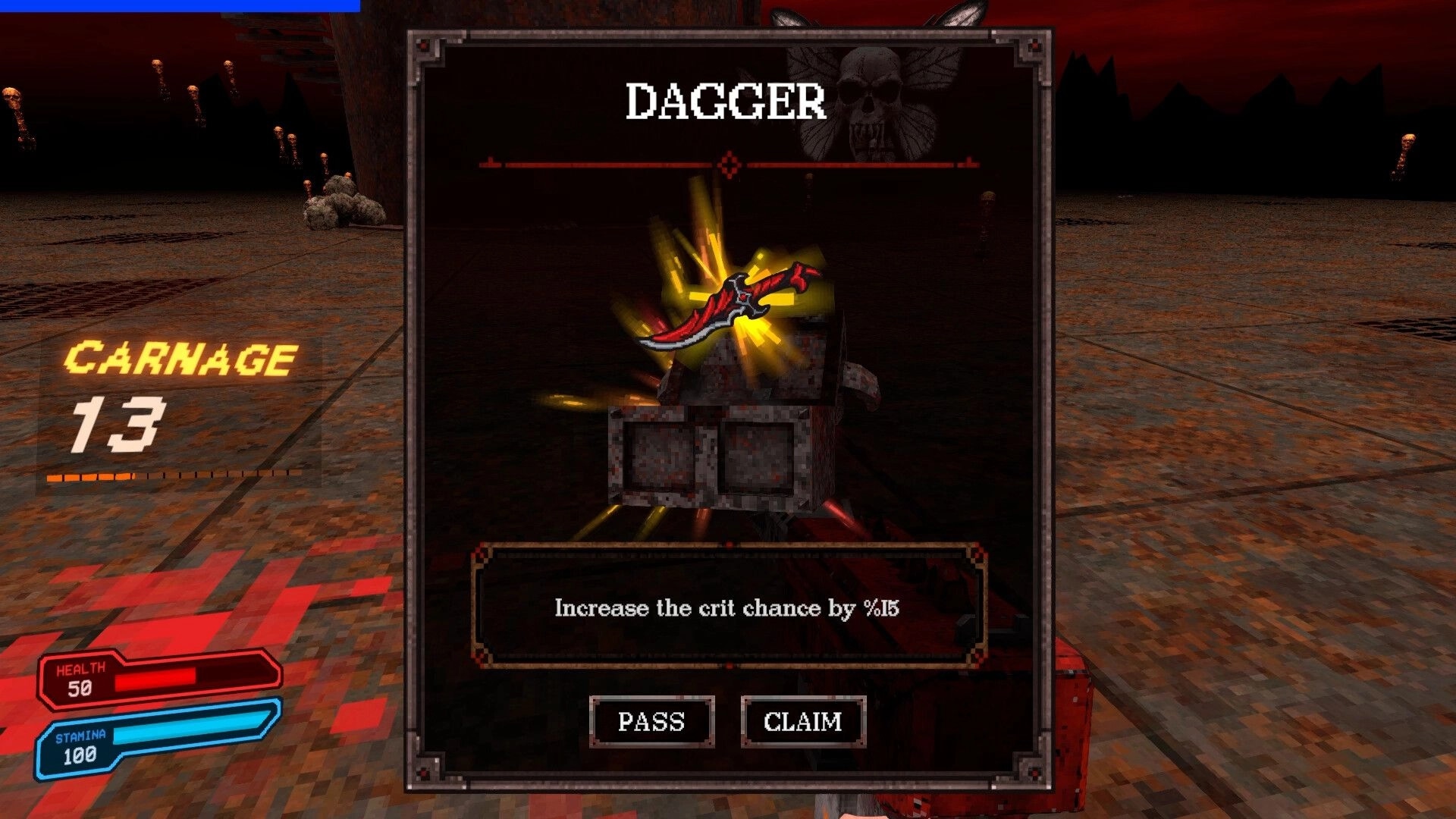 KILLSWARM: Dagger upgrade popup with Pass and Claim buttons over arena HUD and carnage counter.
