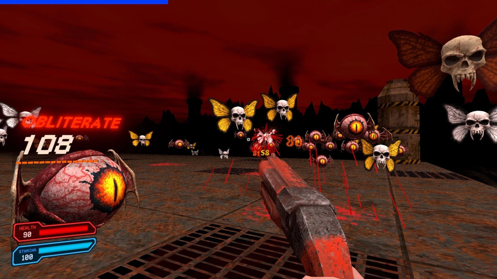KILLSWARM: Pistol firing at skull-winged moths and eyeball foes on a metal arena under red sky.