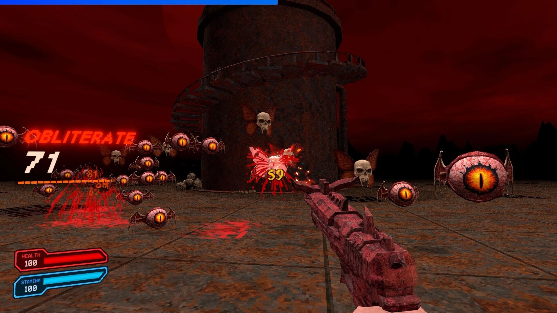 KILLSWARM: Shooting swarming eyeball bats with a pistol in a red-sky arena by a metal tower HUD visible.