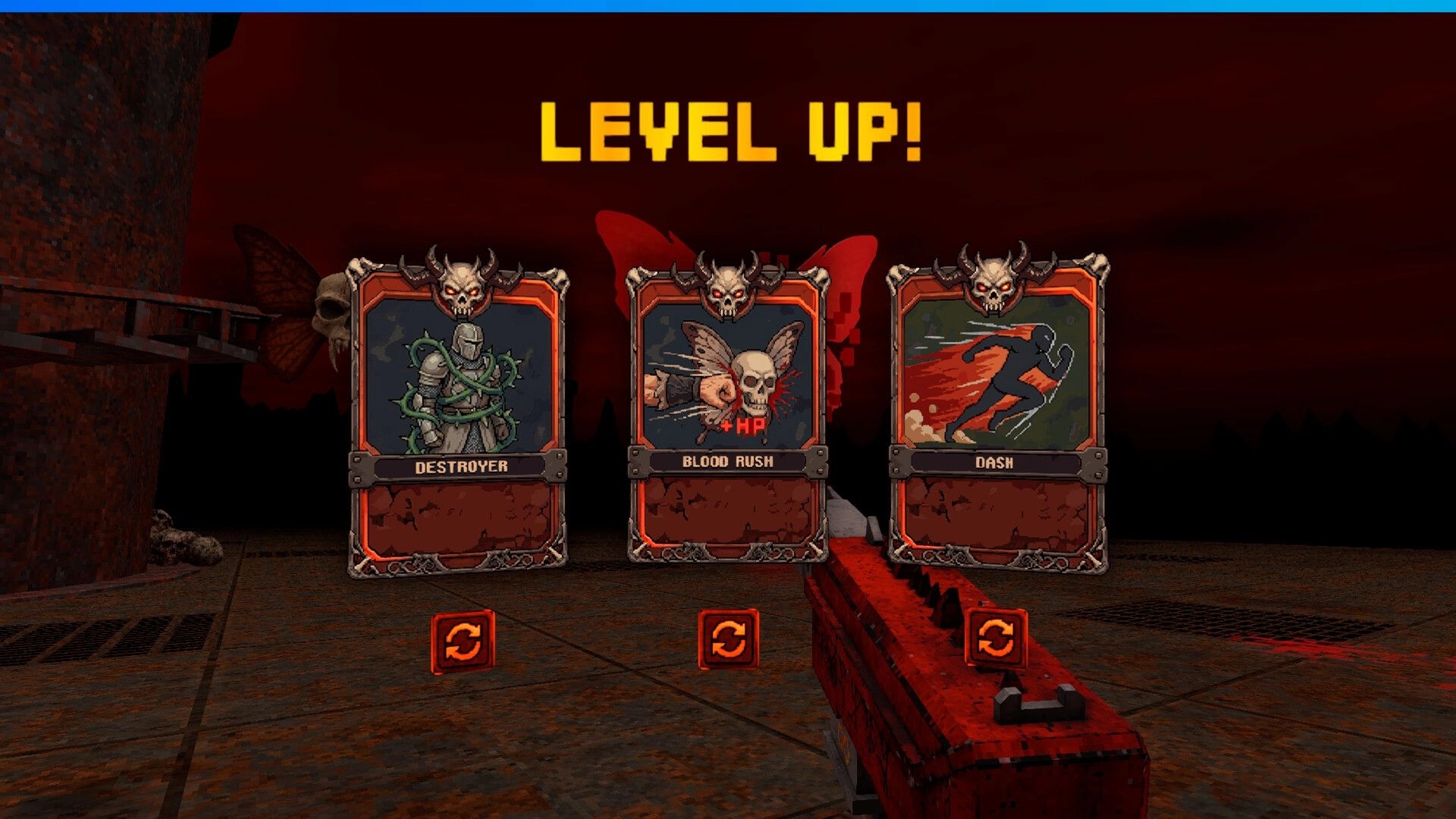 KILLSWARM: Level up choice screen with Destroyer, Blood Rush, and Dash cards in metal arena.
