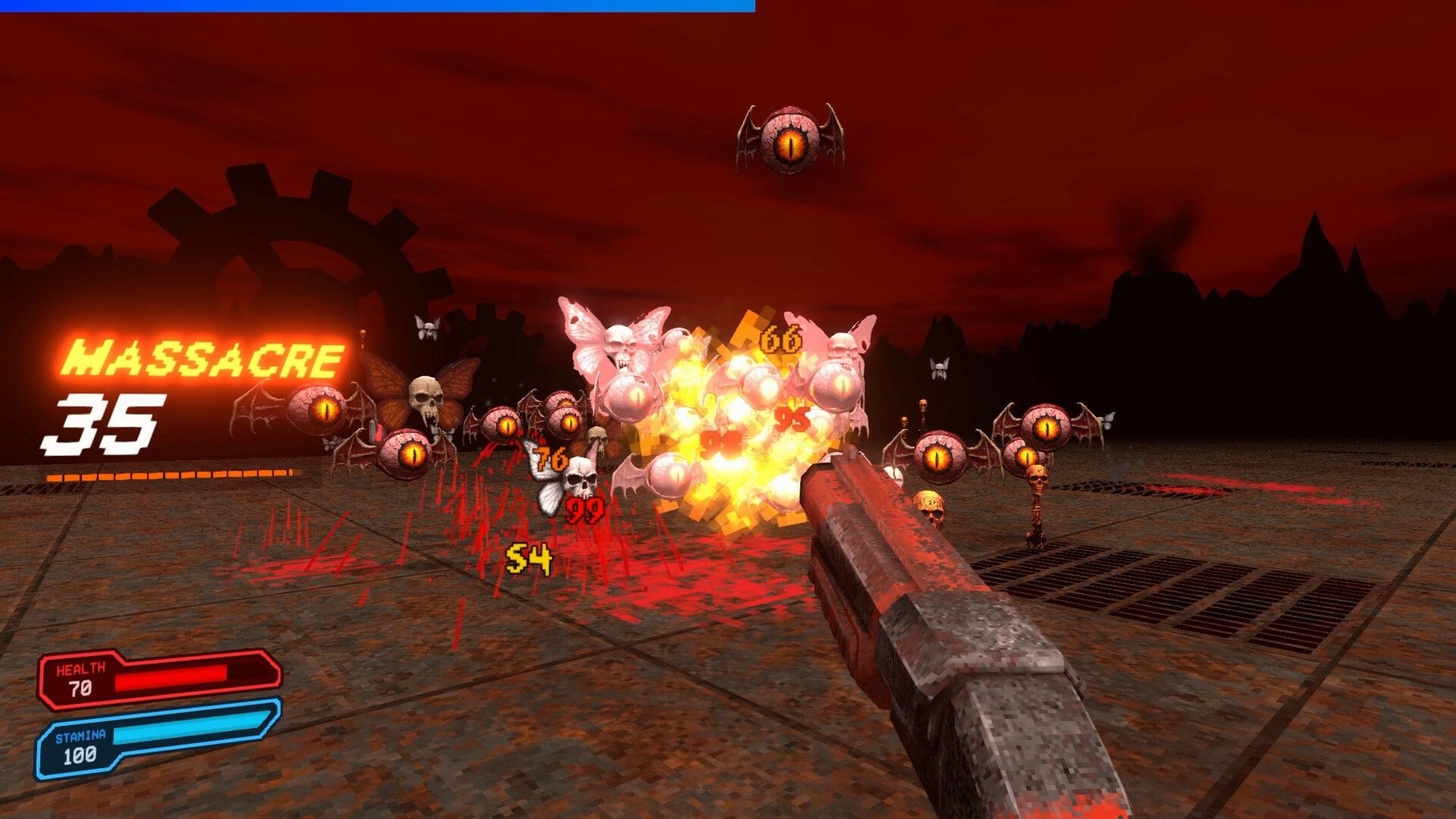KILLSWARM: Shotgun blast explodes winged eyeball swarm in red arena, MASSACRE 35 UI visible.