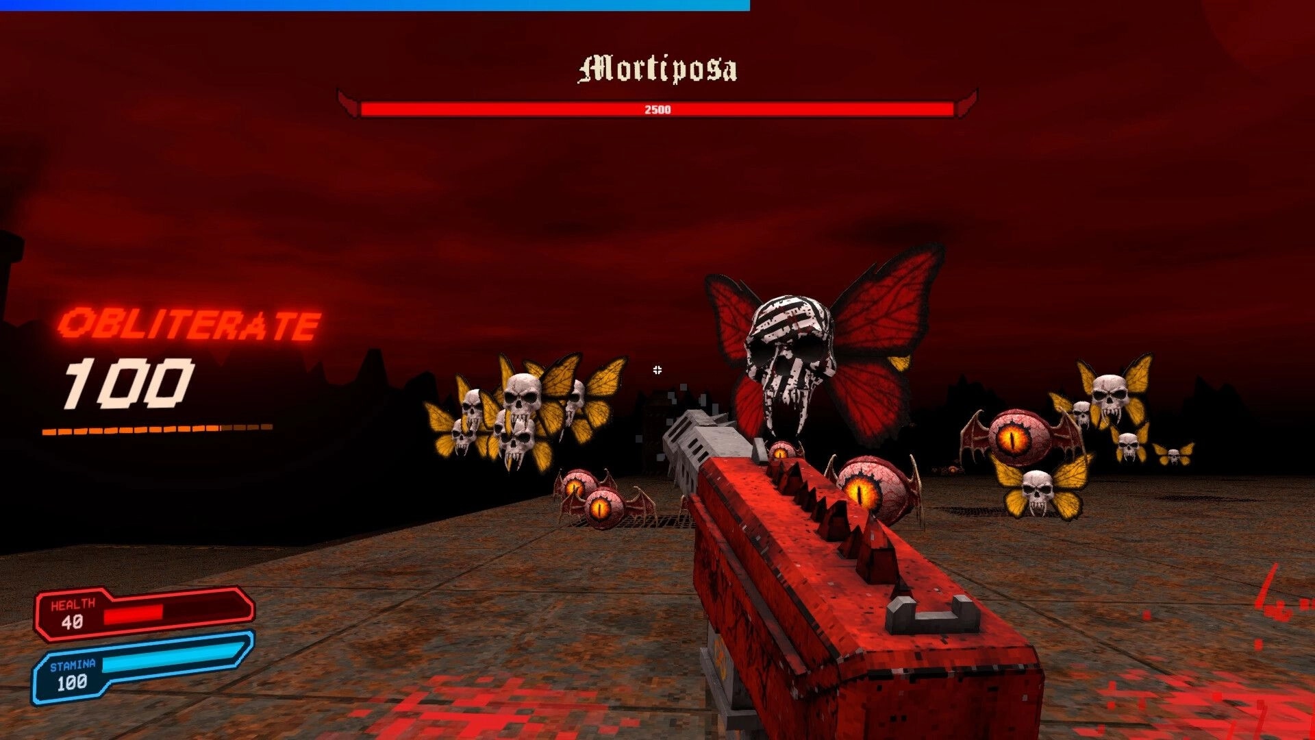 KILLSWARM: Boss fight vs Mortiposa with skull-wing swarms, red sky arena and health UI bar.