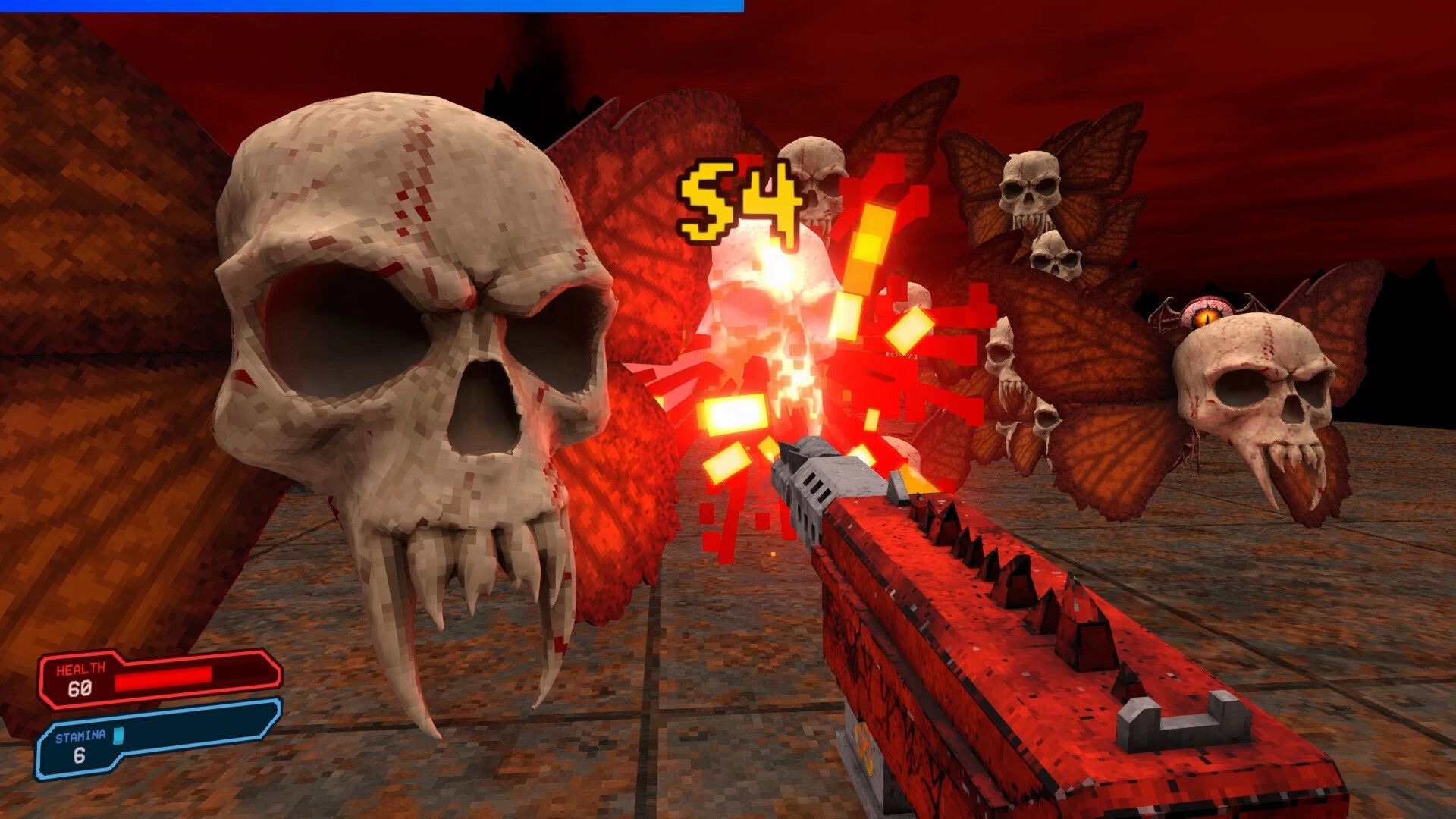 KILLSWARM: Shotgun blasts skull-winged enemies as damage number pops in a red arena HUD visible.