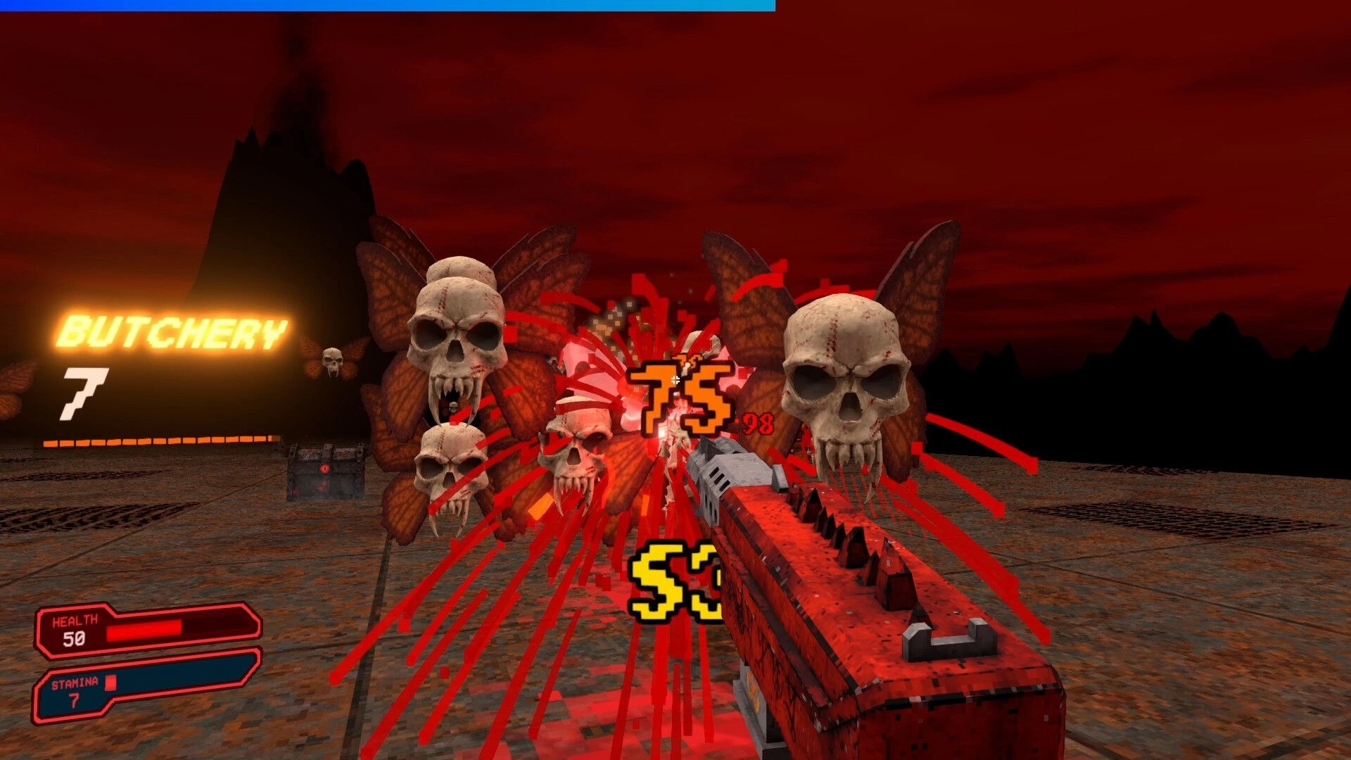 KILLSWARM: Shotgun blasts skull-winged enemies, combo numbers and health UI in red arena stage.