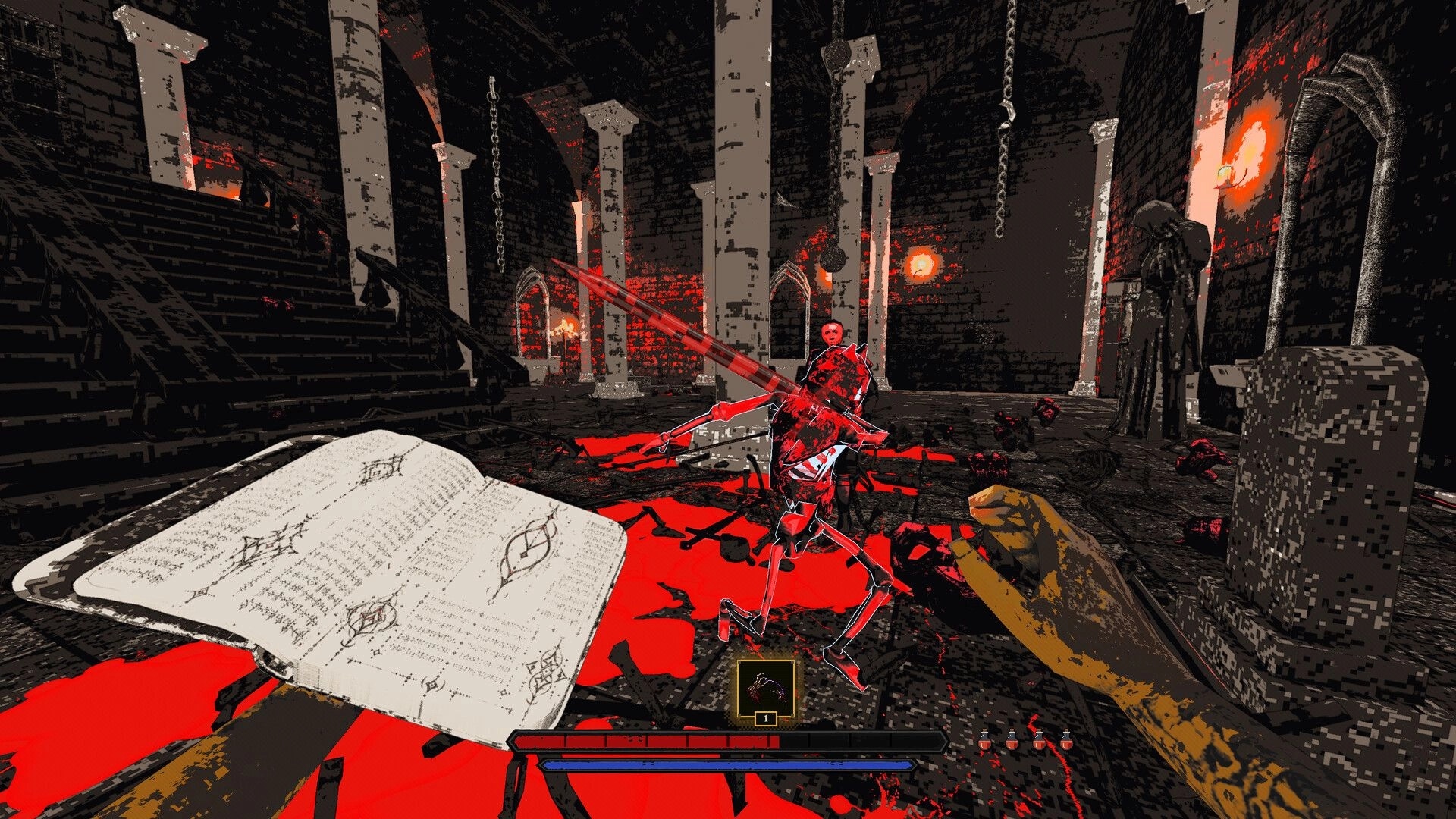 Killwright: First-person melee duel with red armored foe in torchlit stone hall with HUD bars.