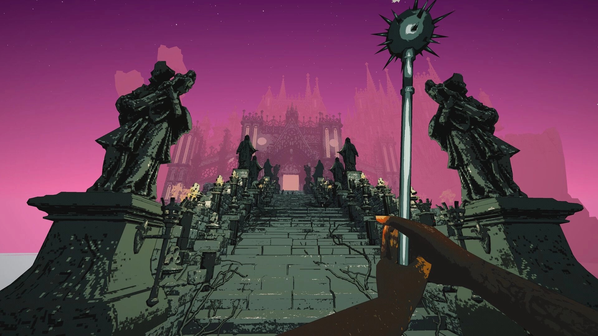 Killwright: First-person view holding a spiked mace on a stone stairway to a gothic castle gate.