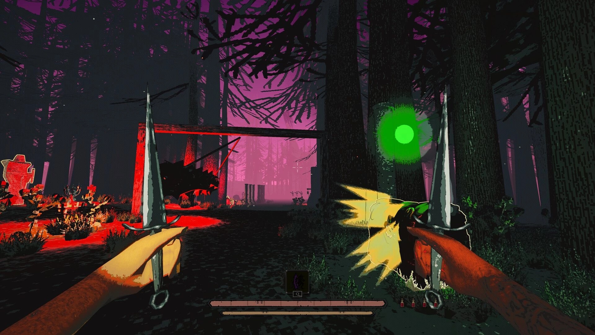 Killwright: Dual daggers raised in first-person, approaching red shrine in a foggy purple forest.
