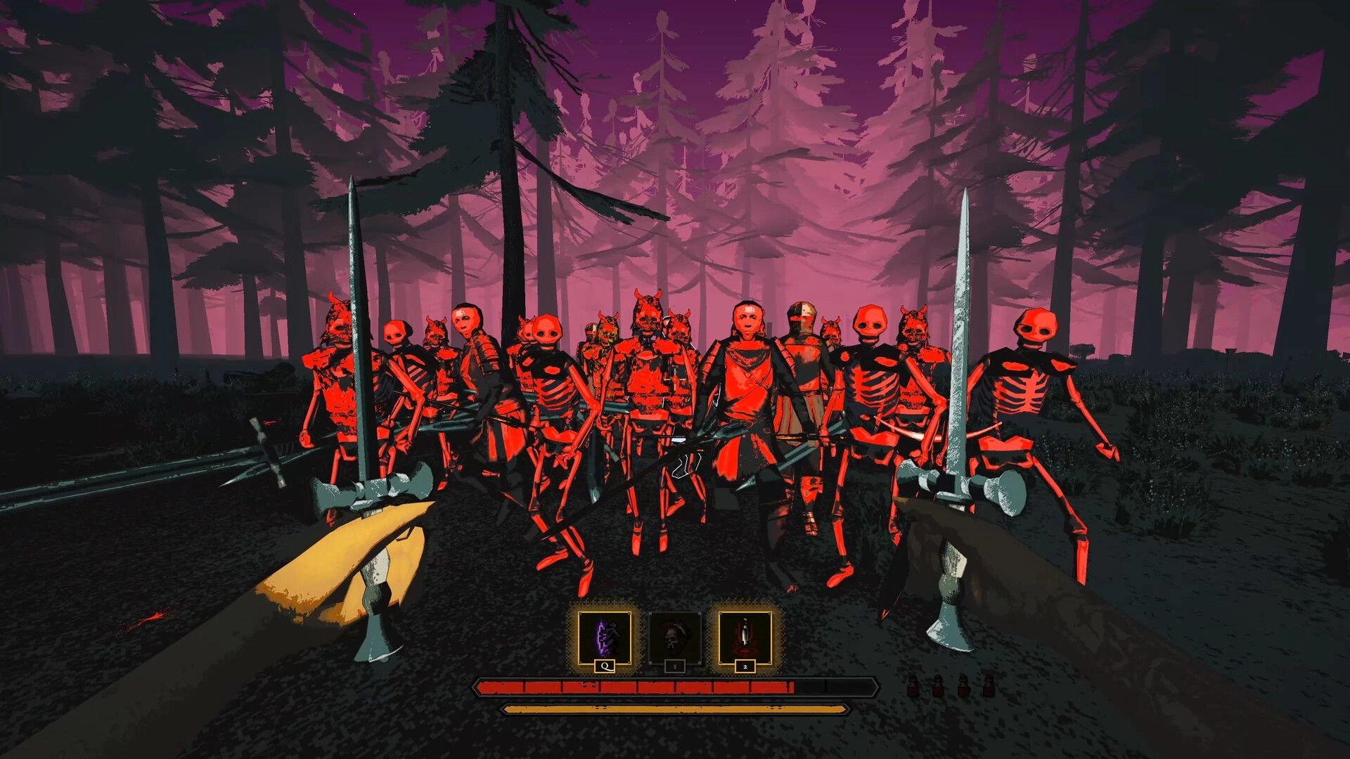 Killwright: Dual-wielding swords faces red skeletal enemies in a foggy purple forest with HUD bars.