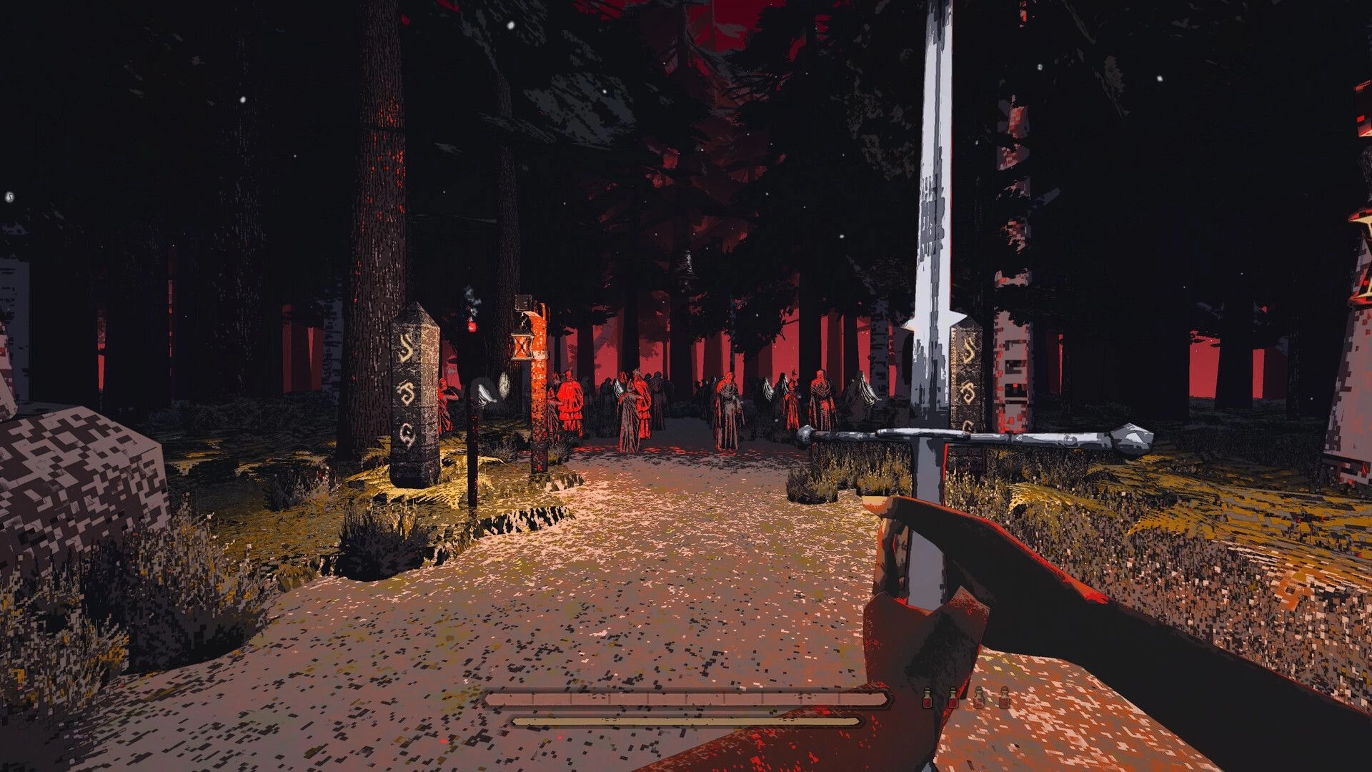 Killwright: First-person axe raised toward a crowd of red-robed cultists in a dark forest clearing.