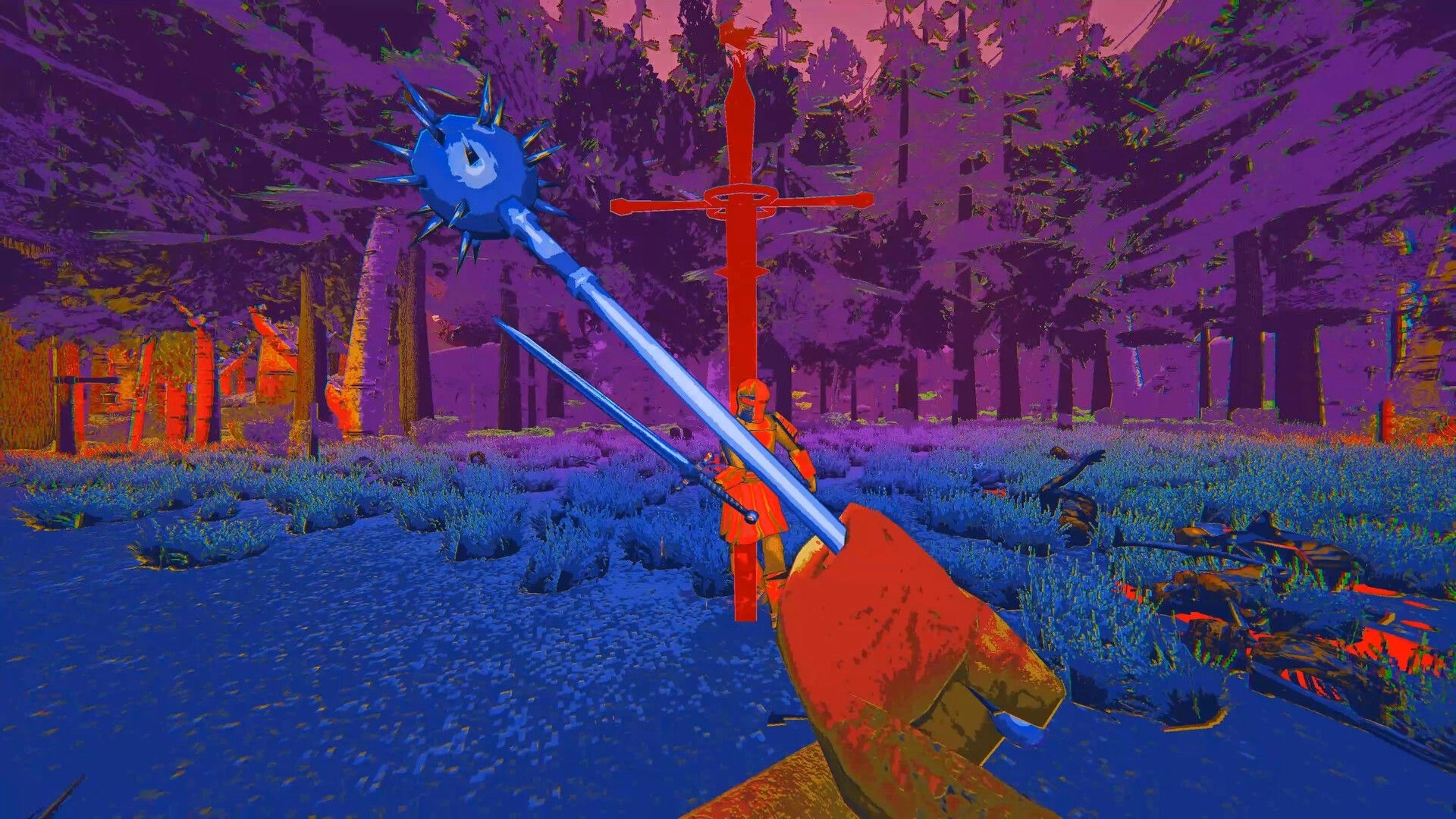 Killwright: First-person melee duel with mace and sword aimed at armored foe in neon forest clearing.