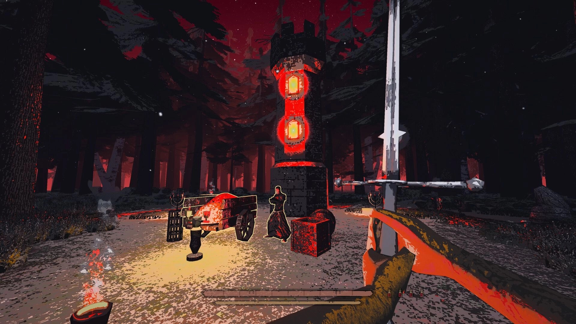 Killwright: First-person sword raised near red-lit tower and cart in a dark forest clearing at night.