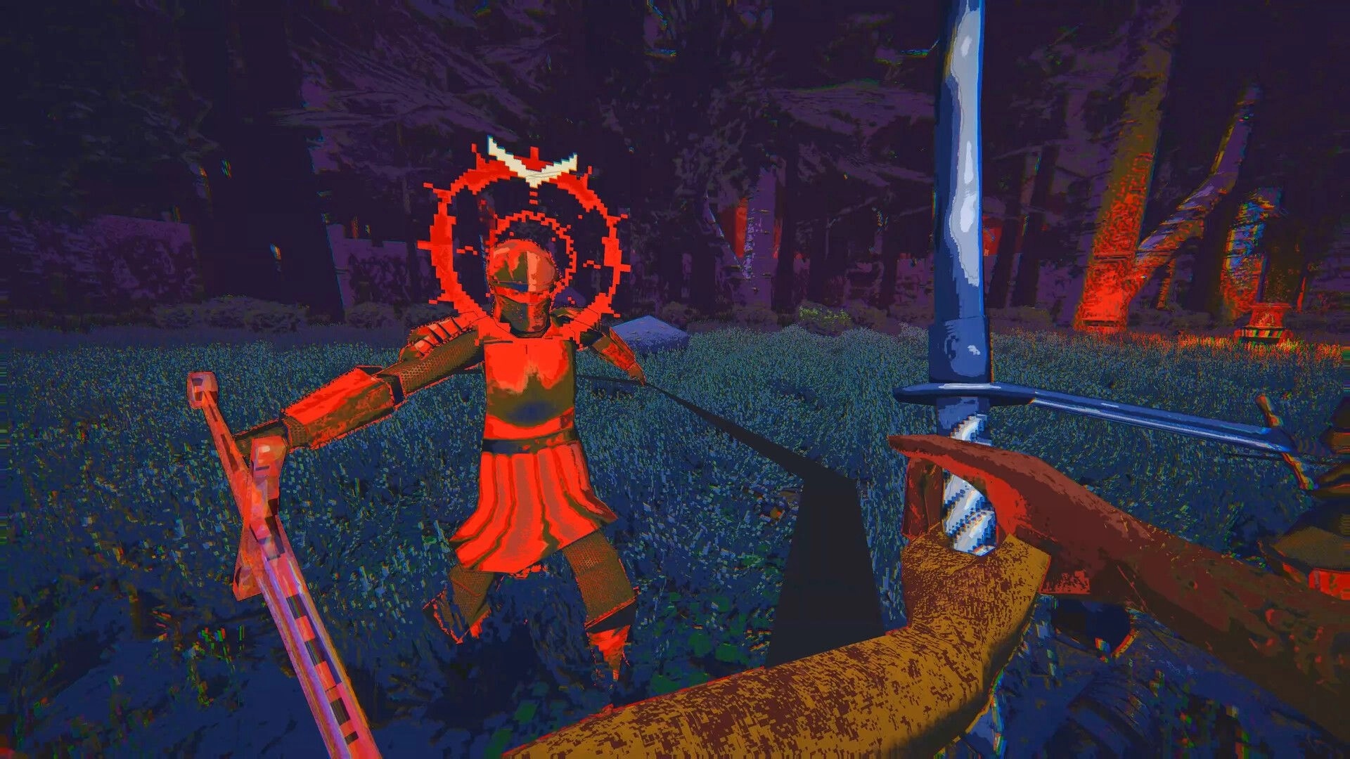 Killwright: First-person sword duel with red-armored knight in grassy forest with glowing red rune stones.