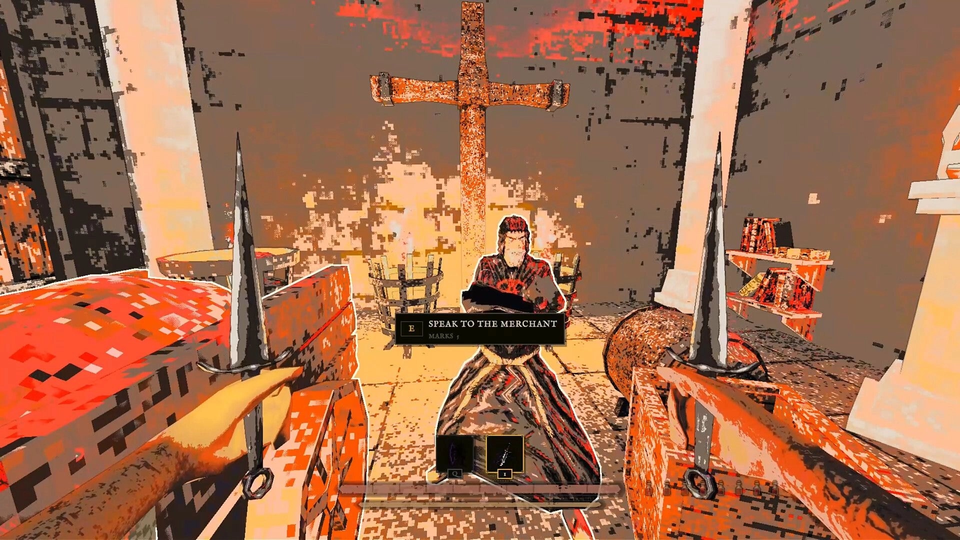 Killwright: Dual blades aimed at a merchant NPC, prompt to speak, inside a chapel-like shop room.