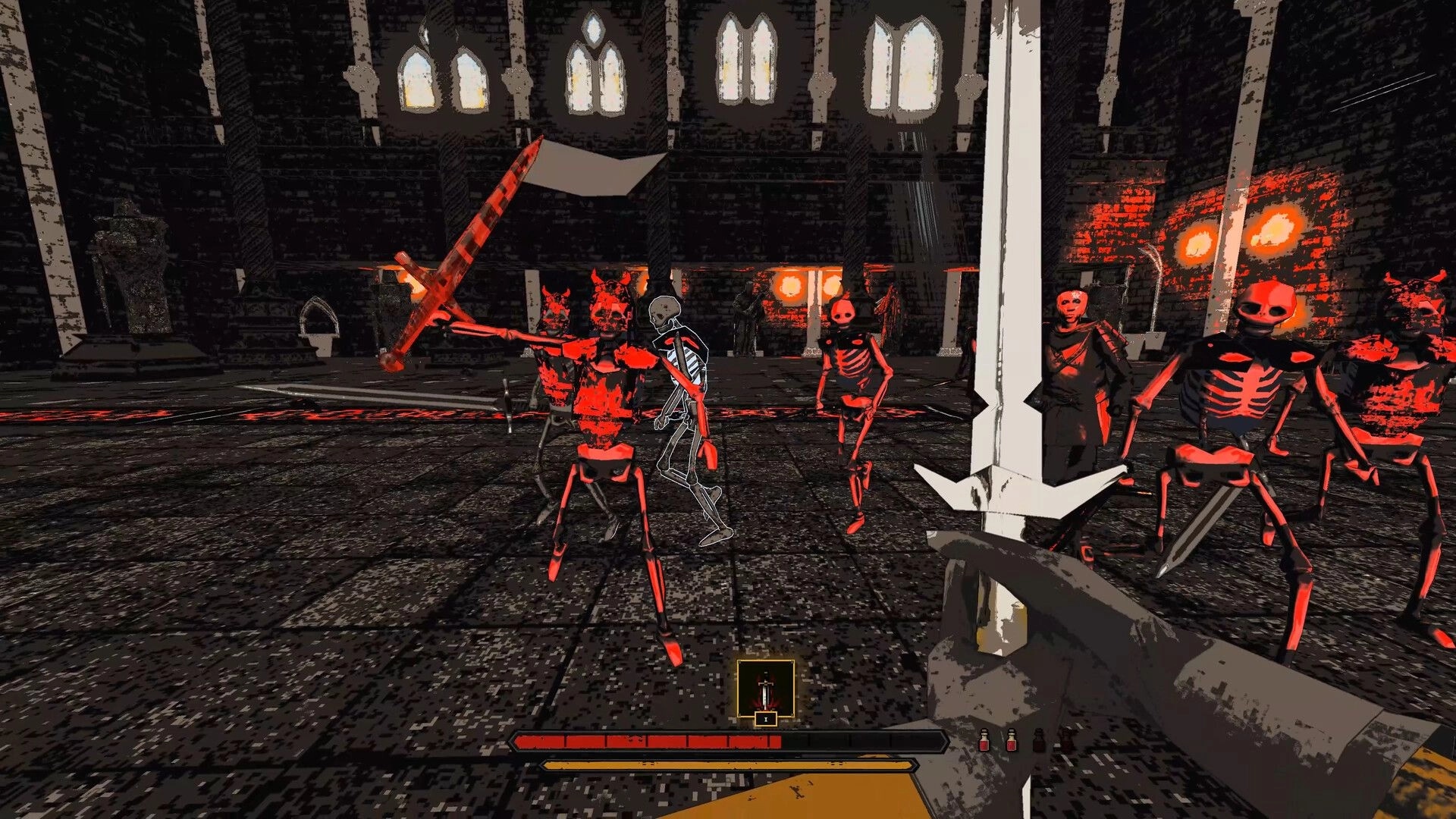 Killwright: First-person swordfight against red skeletons in a dark cathedral hall with HUD bars below.