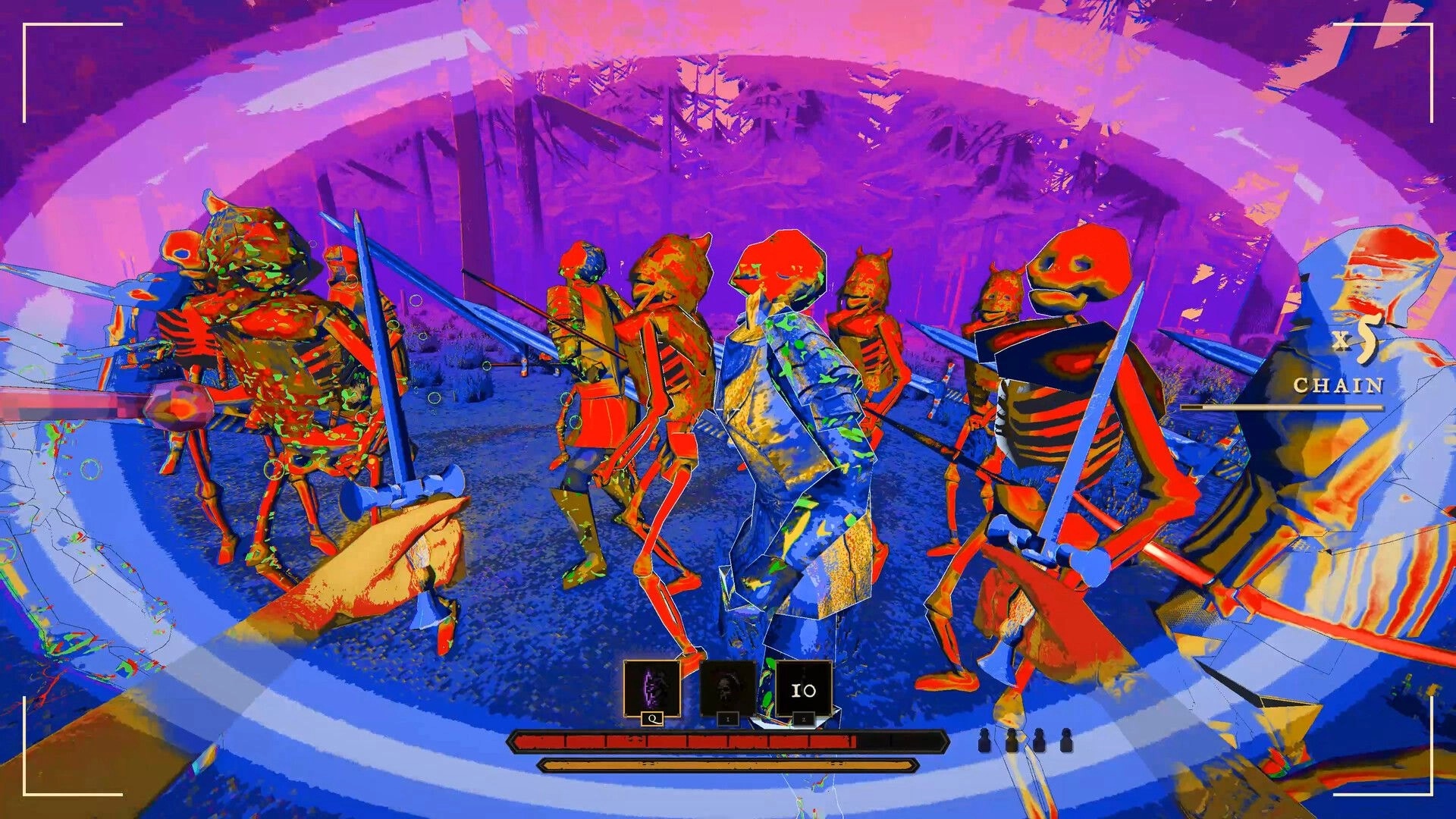Killwright: First-person swordfight against masked skeleton foes in neon forest arena with chain UI meter.